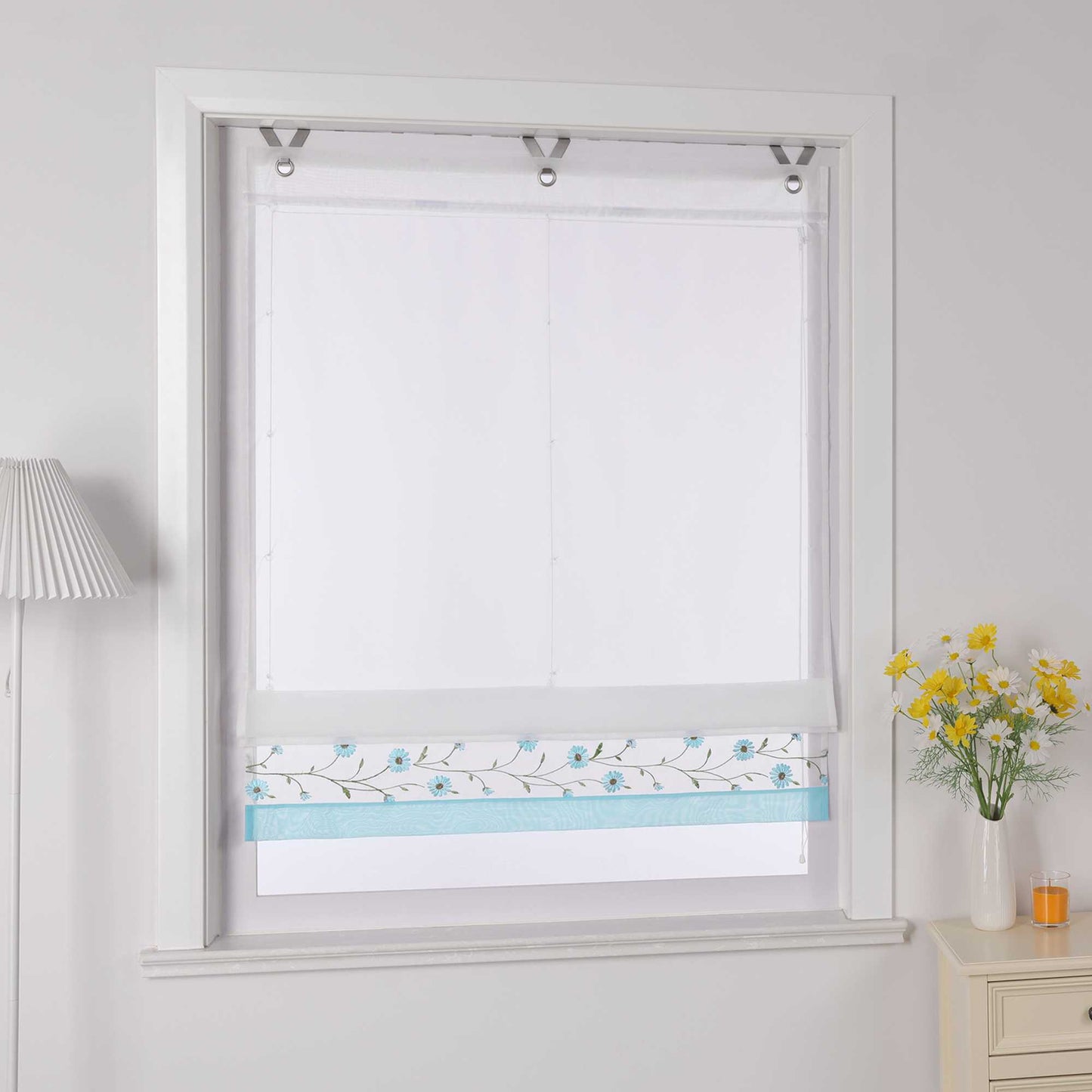 Raffrollo Voile Raffgardinen mit Schlaufen Küche Fenster Vorhänge mit Blumenmuster Stickerei Transparent Weiß 1 Stück - Joyswahl