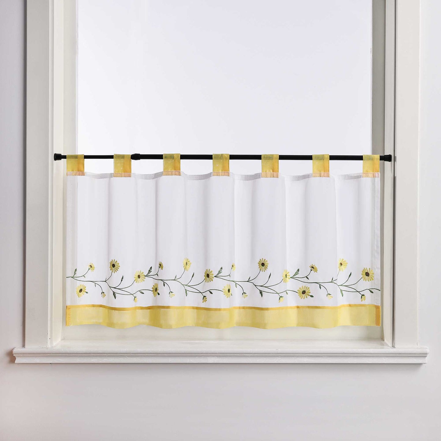 Scheibengardinen Bistrogardine Schlaufen Küche Gardinen Landhausstil Transparent Kurzstores mit kleiner Gänseblümchen-Stickerei - Joyswahl