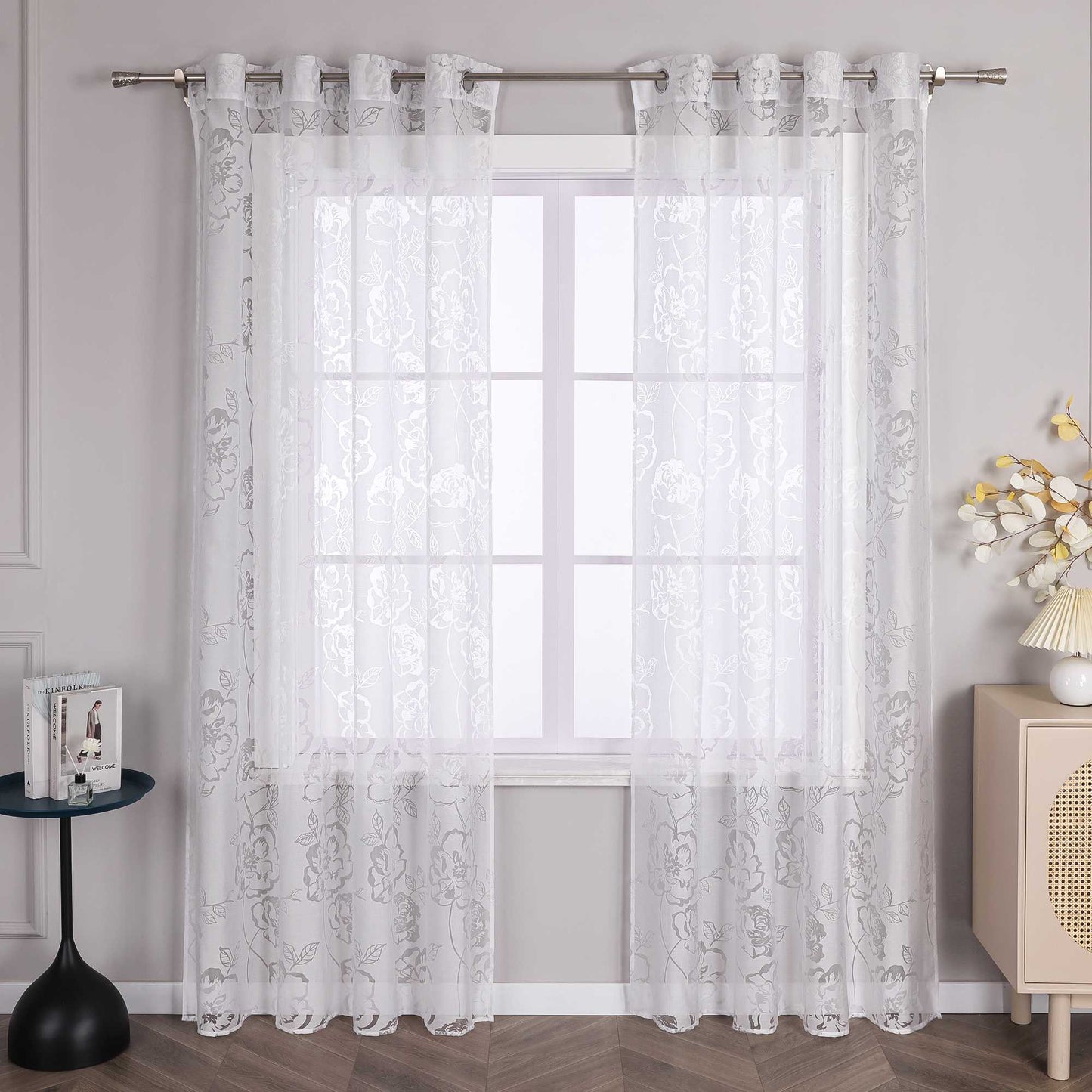 Vorhang mit Ösen Voile Gardine mit Rosenmuster Ösenschal transparent Schlafzimmer Wohnzimmer 1 Stück - Joyswahl
