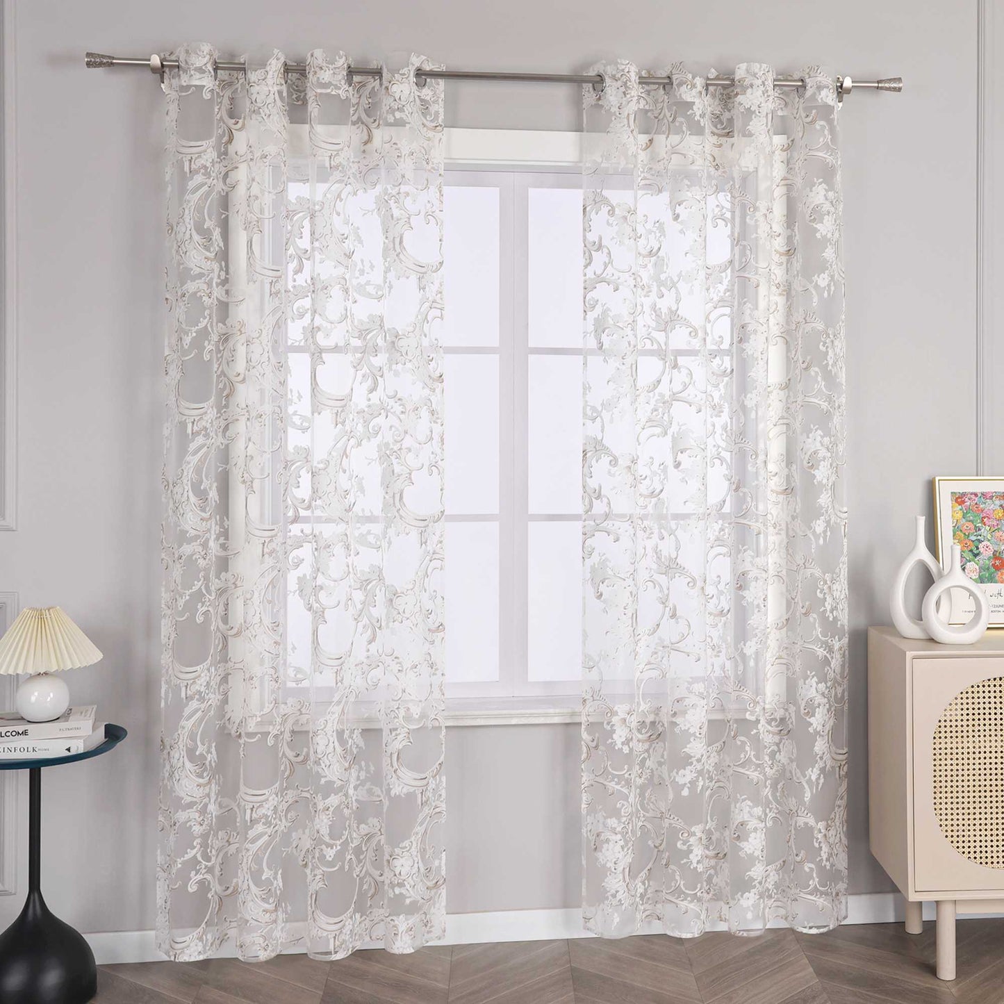 Eleganter Ösenschal mit Phönixblütenmuster | Transparente Voile Gardine für Schlafzimmer und Wohnzimmer - Joyswahl