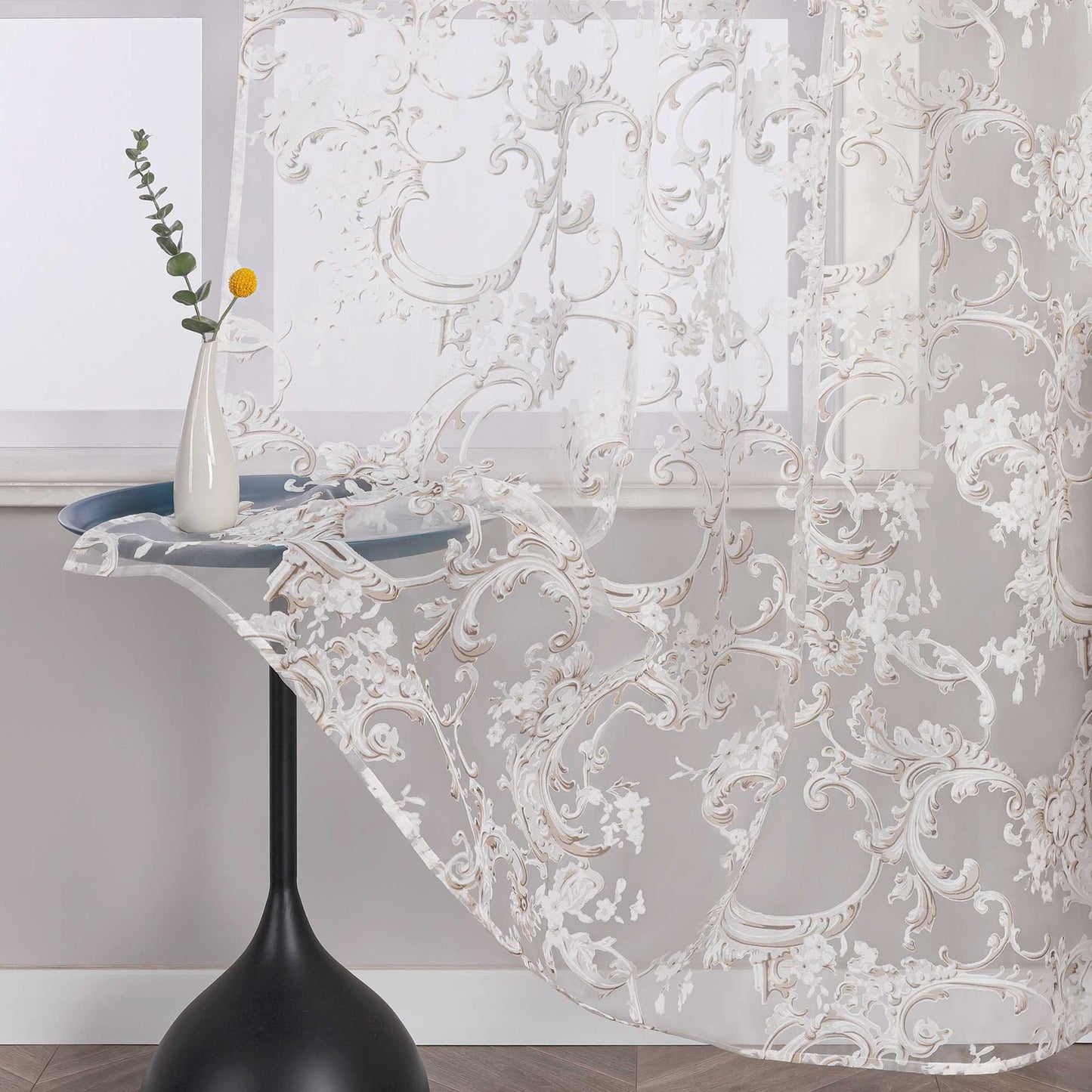 Eleganter Ösenschal mit Phönixblütenmuster | Transparente Voile Gardine für Schlafzimmer und Wohnzimmer - Joyswahl