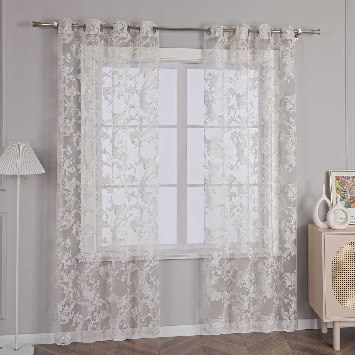 Eleganter Ösenschal mit Phönixblütenmuster | Transparente Voile Gardine für Schlafzimmer und Wohnzimmer - Joyswahl