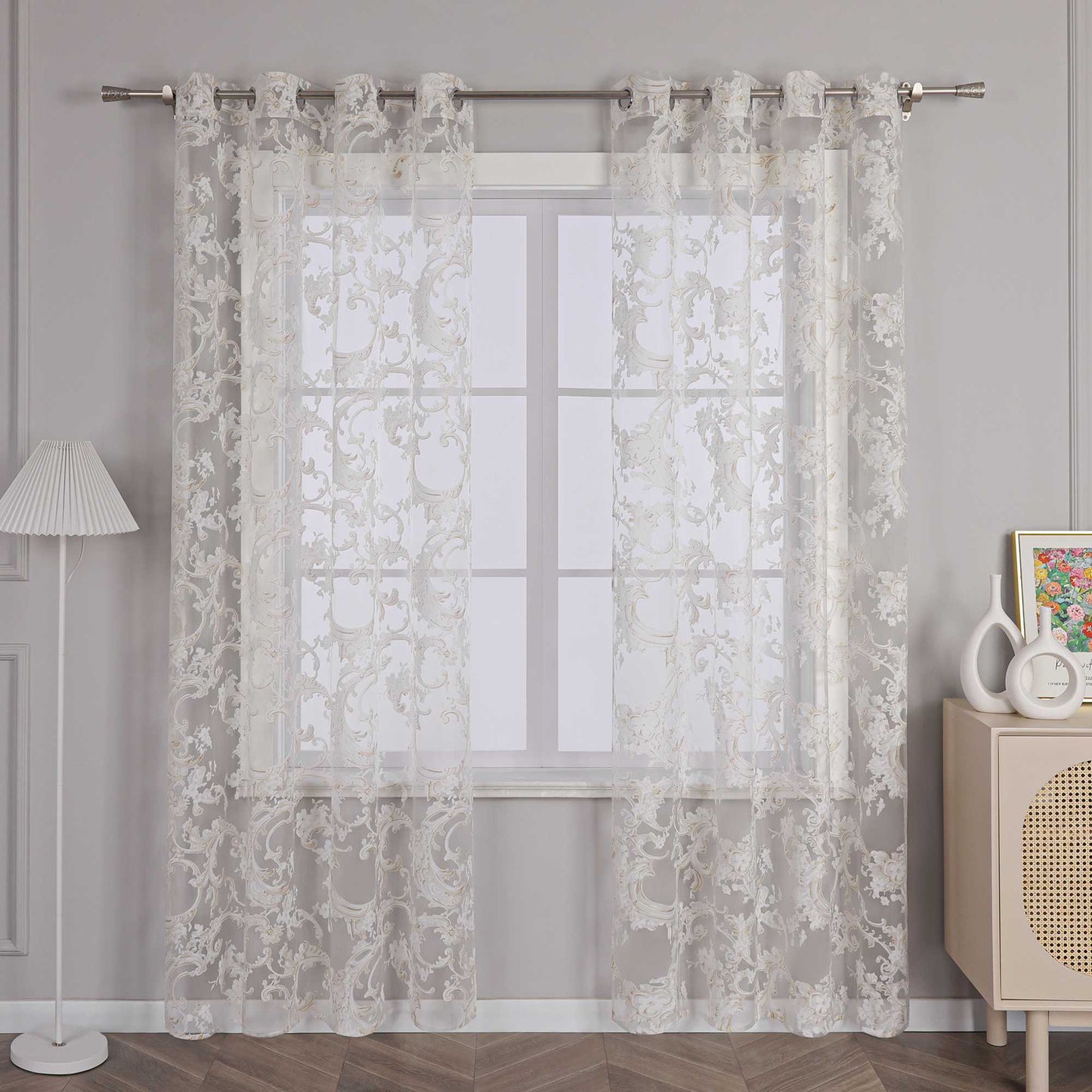 Eleganter Ösenschal mit Phönixblütenmuster | Transparente Voile Gardine für Schlafzimmer und Wohnzimmer - Joyswahl
