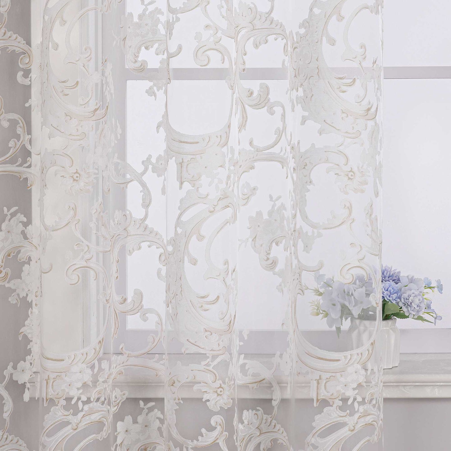 Eleganter Ösenschal mit Phönixblütenmuster | Transparente Voile Gardine für Schlafzimmer und Wohnzimmer - Joyswahl