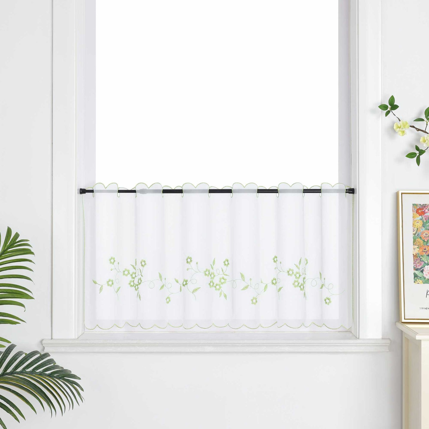Farbige Stickerei Voile Scheibengardine Transparenter Café Vorhang Kurzstore mit Blüten-Stickerei - Joyswahl
