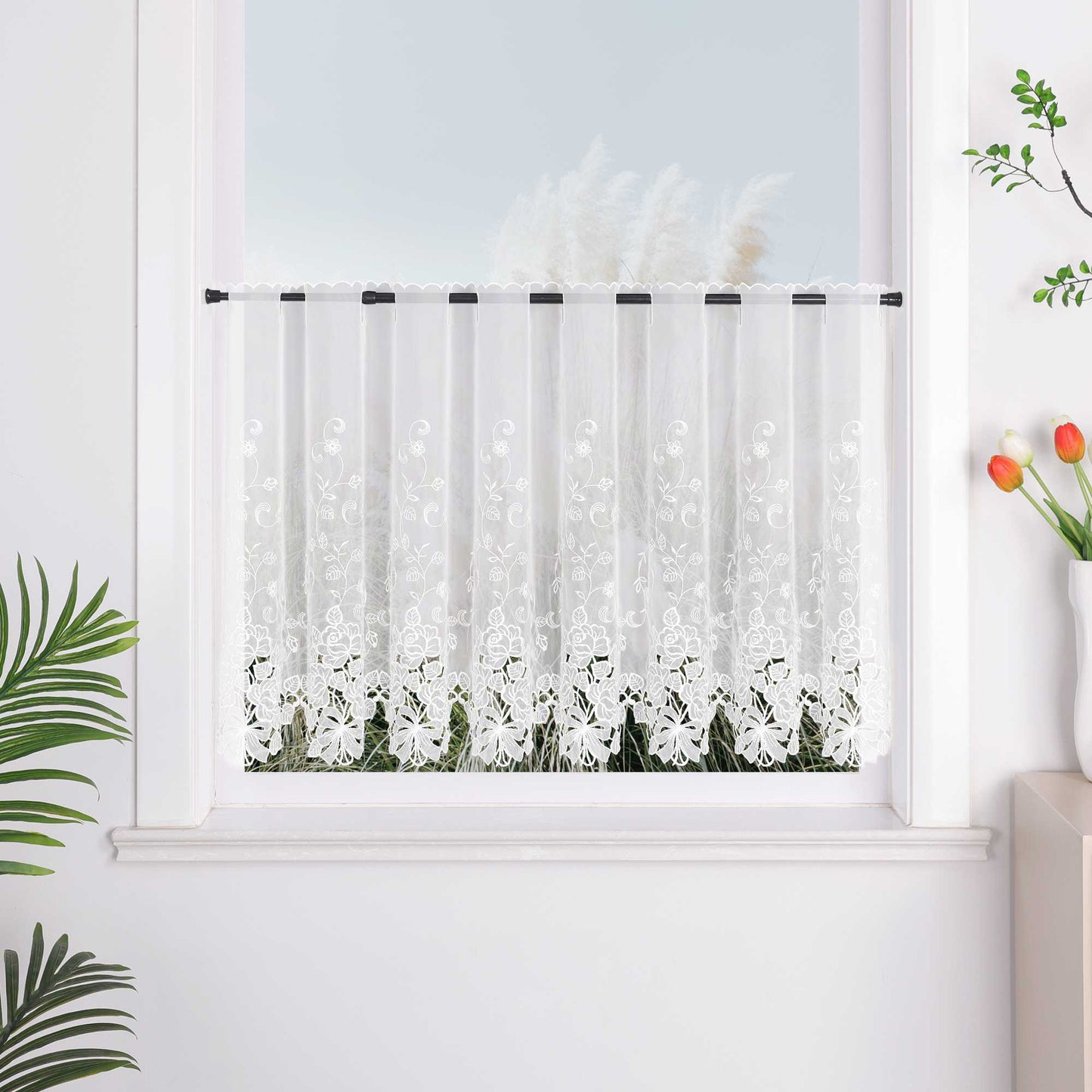 Delien Romantischer Spitzenvorhang mit filigranen Blumendesigns und Stangendurchzug - Joyswahl