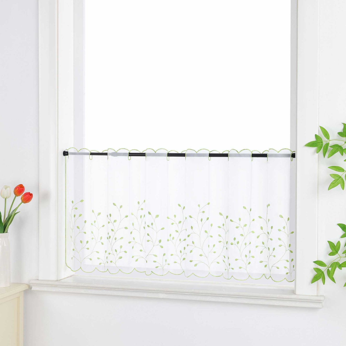 Scheibengardine mit Blumenstickerei Modern Voile Bistrogardine mit Lochleiste Unifarbige Kurzstores Landhausstil Transparent 1 Stück - Joyswahl