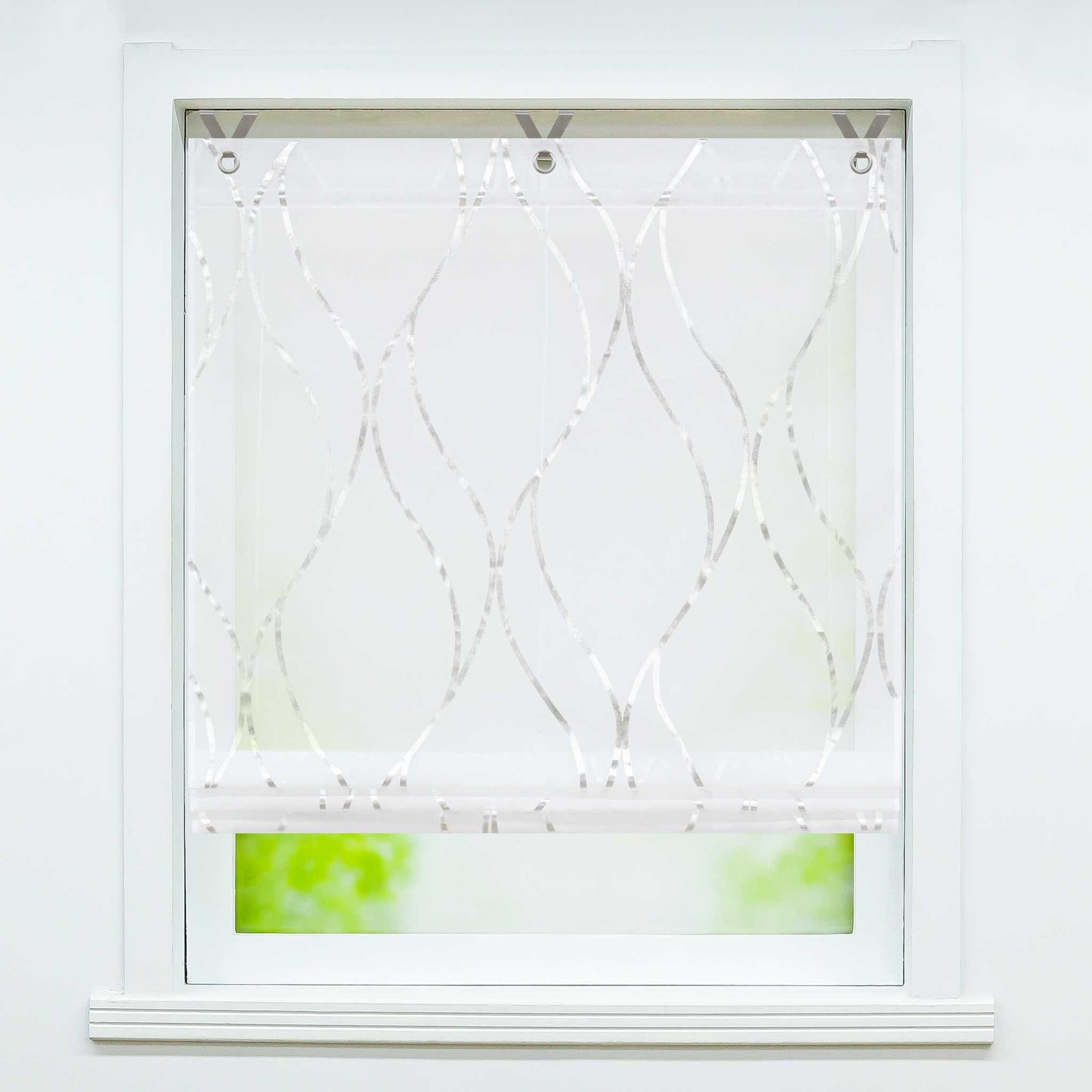Rollos mit Ösen Gardinen Küche Raffgardinen Transparent Ösenrollo Vorhänge Mit Wellen-Druck Modern Voile 1 Stück - Joyswahl