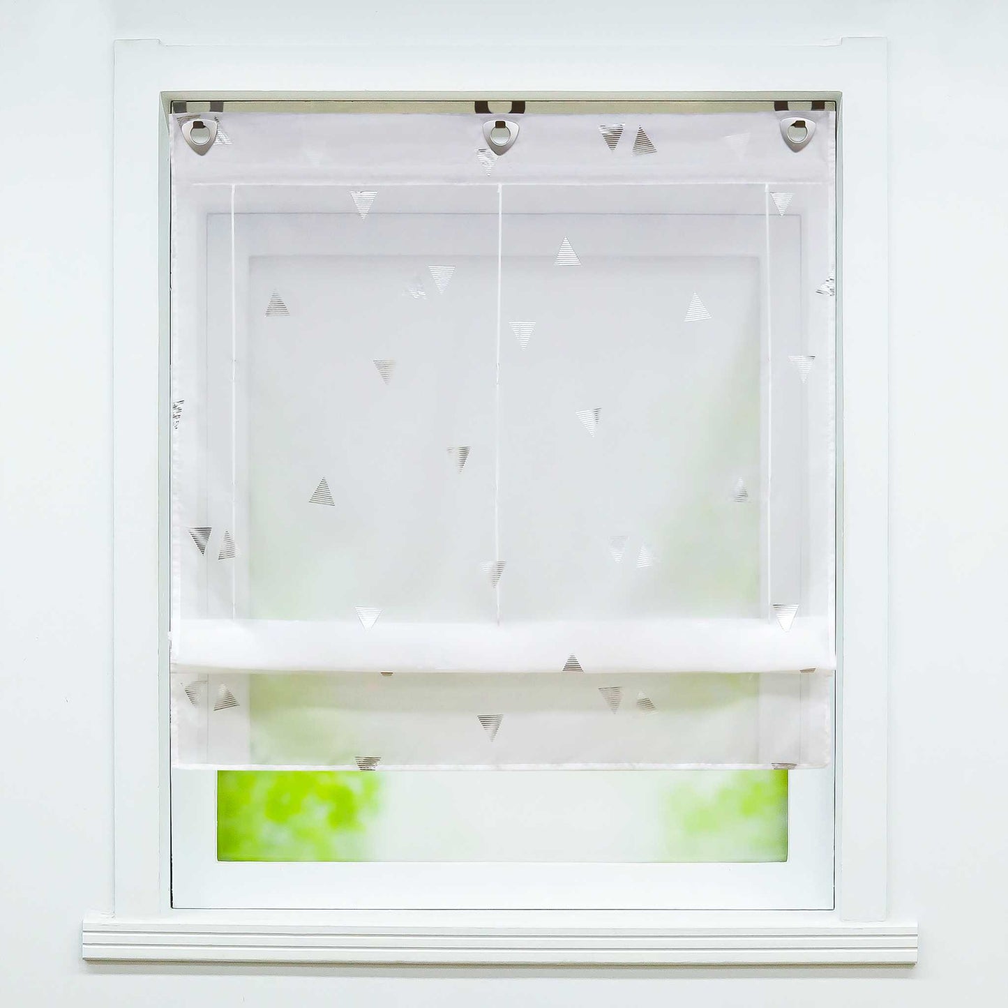 Raffrollo ohne Bohren mit Hakenaufhängung Voile Ösenrollo mit Glanzdruck Fenster Küche Gardinen Transparent Weiß 1 Stück - Joyswahl