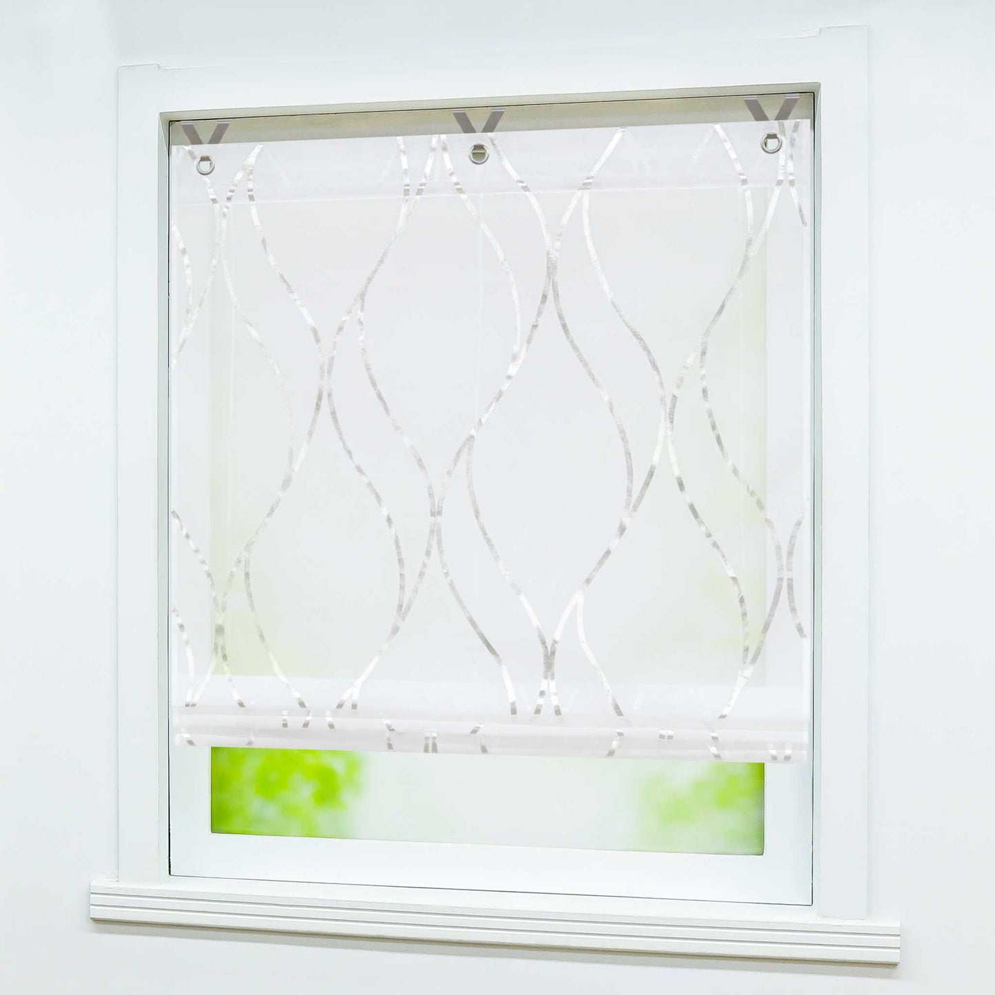 Rollos mit Ösen Gardinen Küche Raffgardinen Transparent Ösenrollo Vorhänge Mit Wellen-Druck Modern Voile 1 Stück - Joyswahl