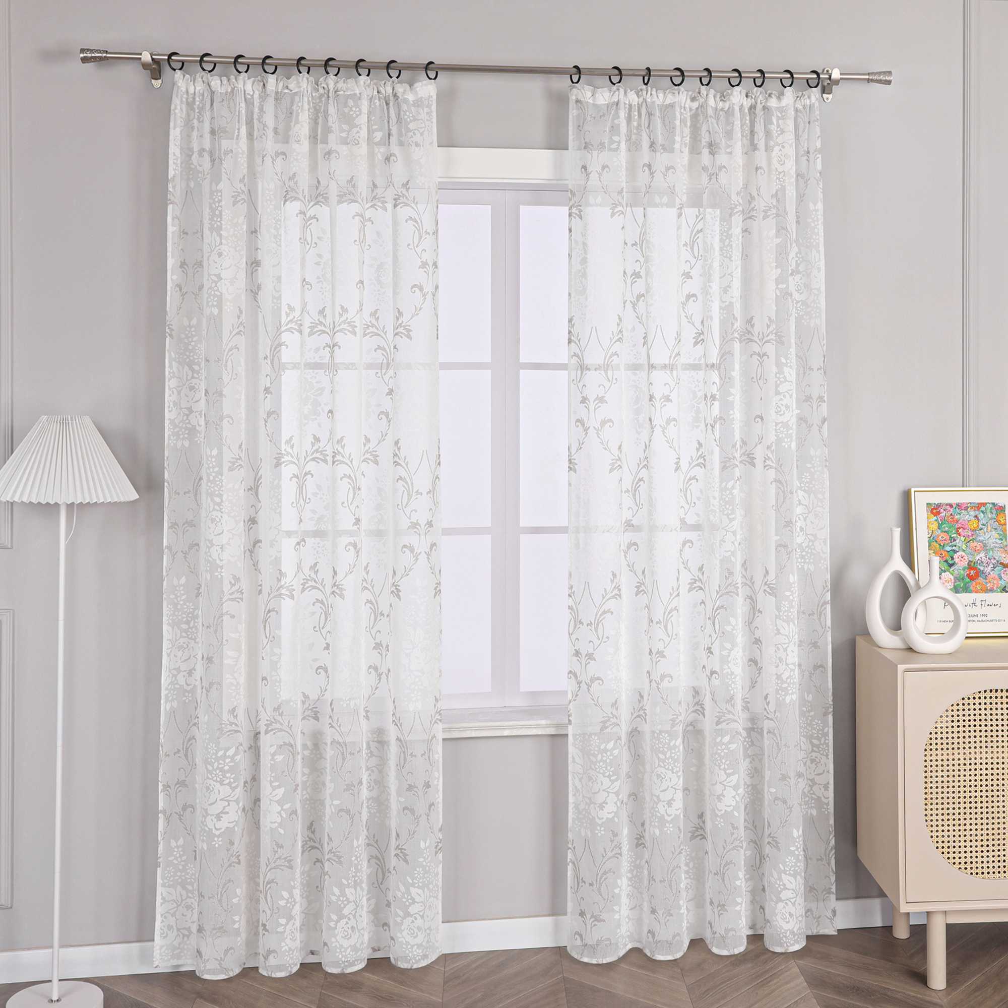 Gardine mit Blumenmuster, einfarbig leicht halbtransparent
