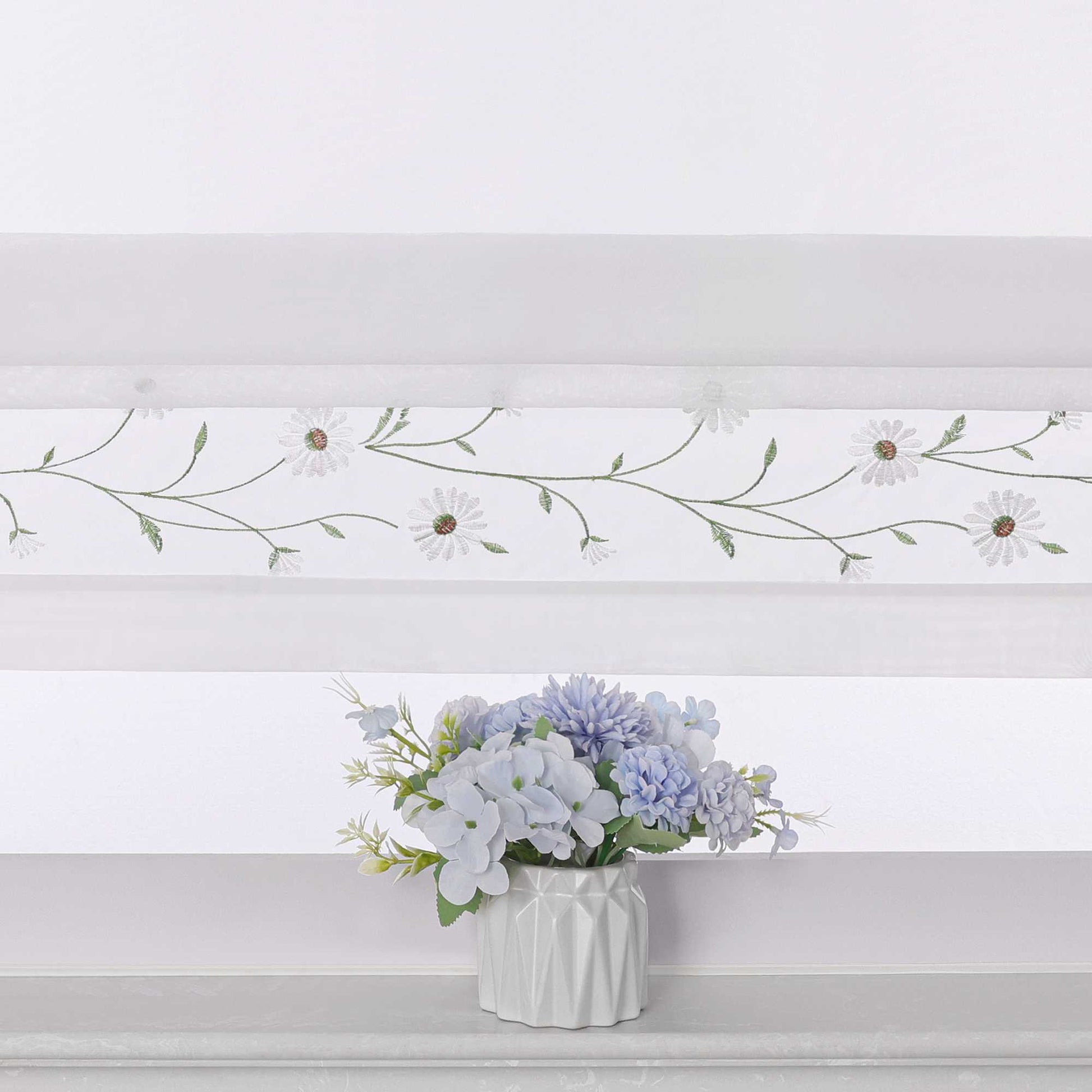 Raffrollo Voile Raffgardinen mit Schlaufen Küche Fenster Vorhänge mit Blumenmuster Stickerei Transparent Weiß 1 Stück - Joyswahl