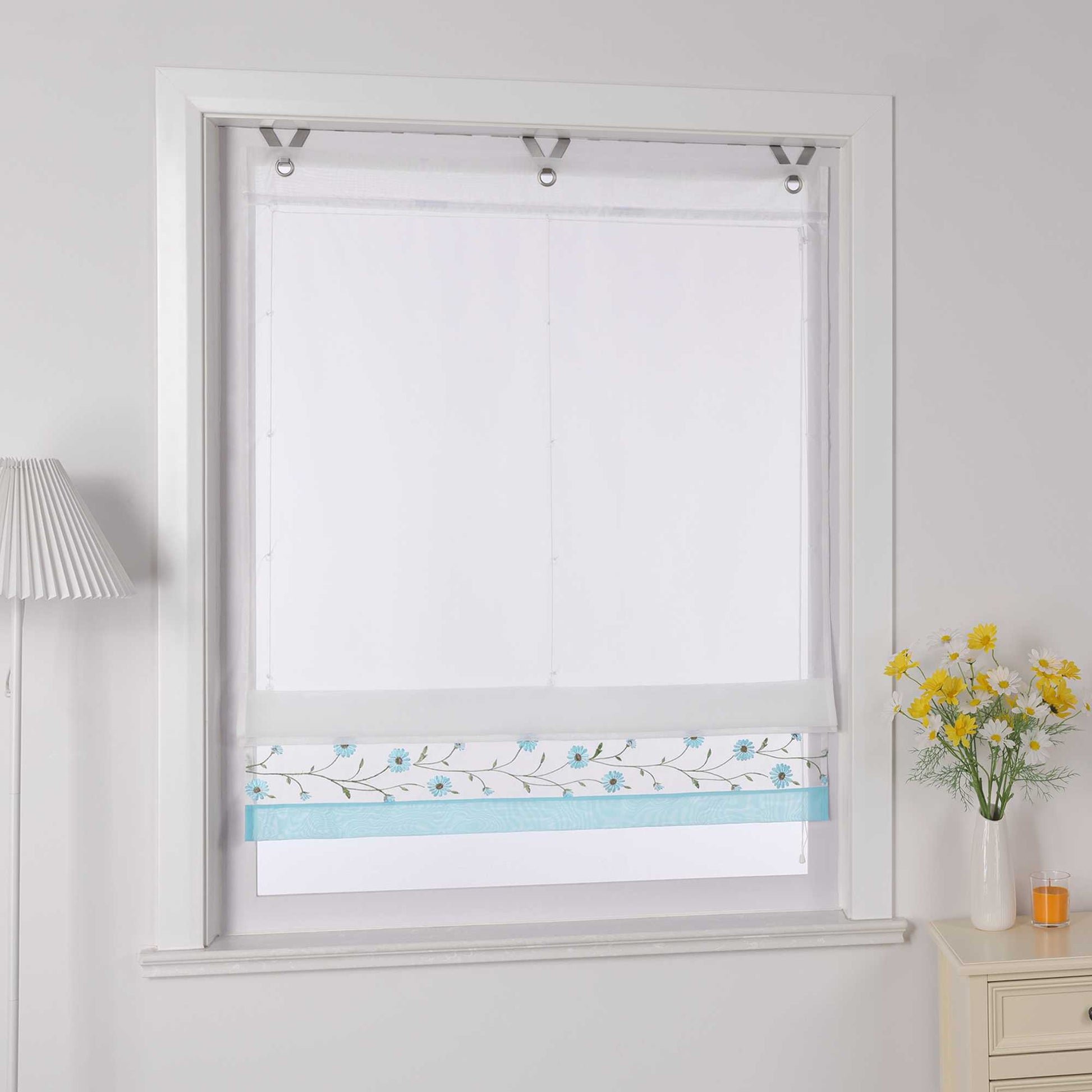 Raffrollo Voile Raffgardinen mit Schlaufen Küche Fenster Vorhänge mit Blumenmuster Stickerei Transparent Weiß 1 Stück - Joyswahl