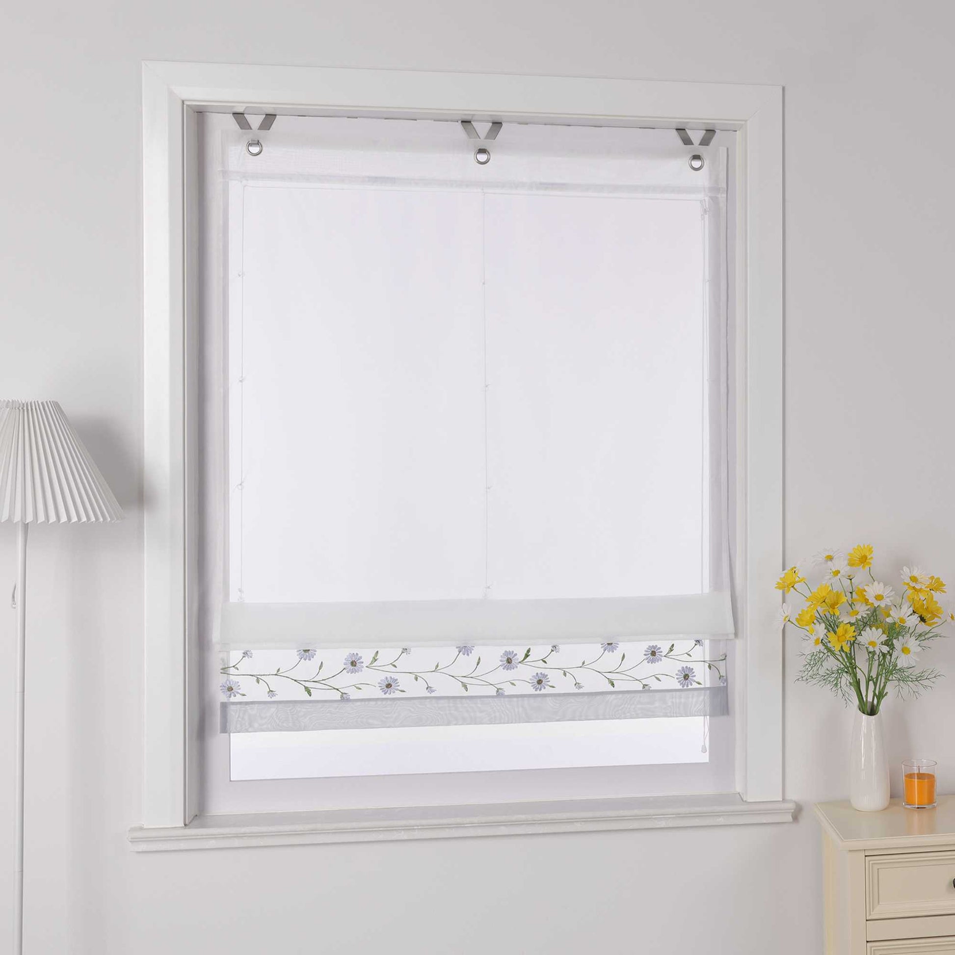 Raffrollo Voile Raffgardinen mit Schlaufen Küche Fenster Vorhänge mit Blumenmuster Stickerei Transparent Weiß 1 Stück - Joyswahl