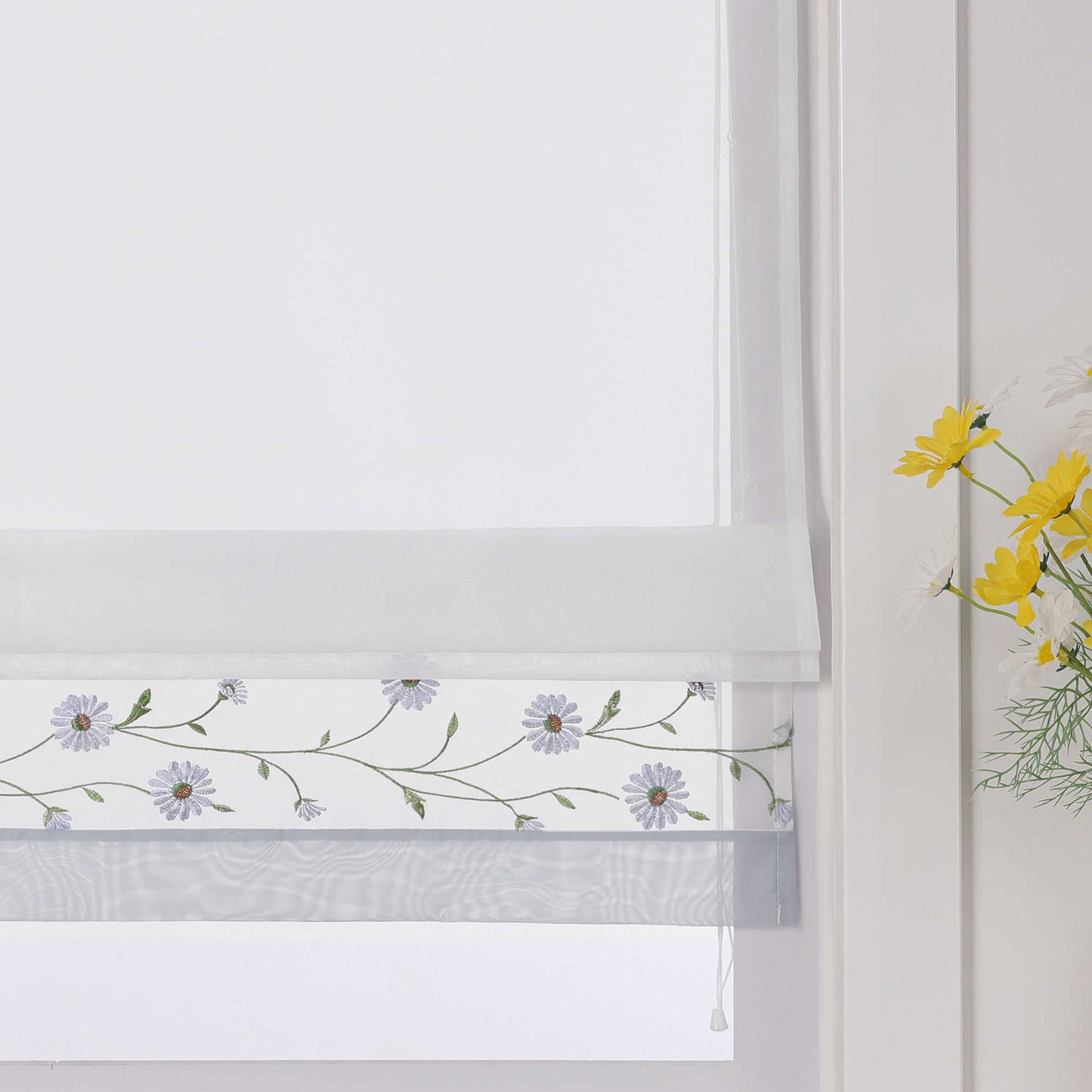 Raffrollo Voile Raffgardinen mit Schlaufen Küche Fenster Vorhänge mit Blumenmuster Stickerei Transparent Weiß 1 Stück - Joyswahl