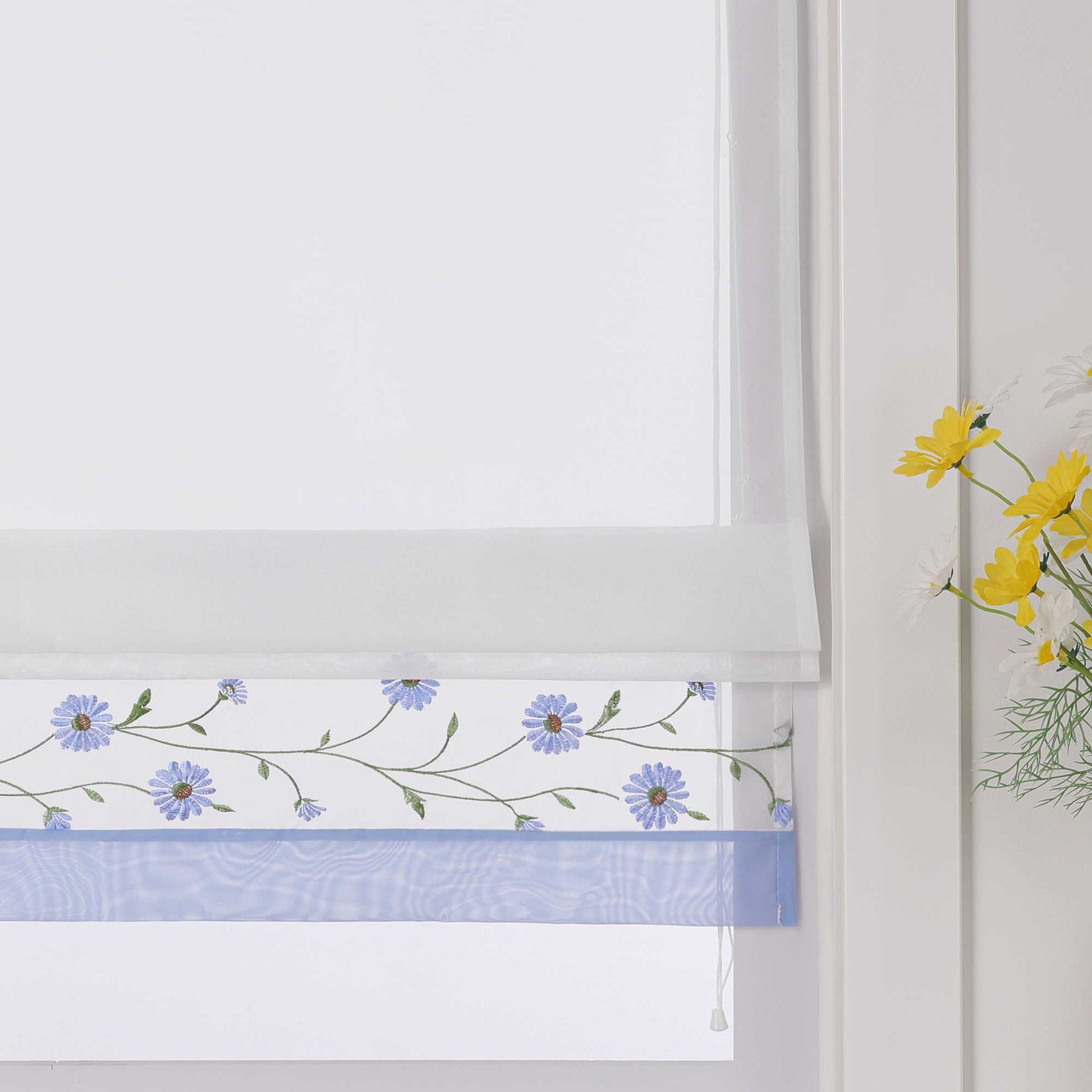 Raffrollo Voile Raffgardinen mit Schlaufen Küche Fenster Vorhänge mit Blumenmuster Stickerei Transparent Weiß 1 Stück - Joyswahl
