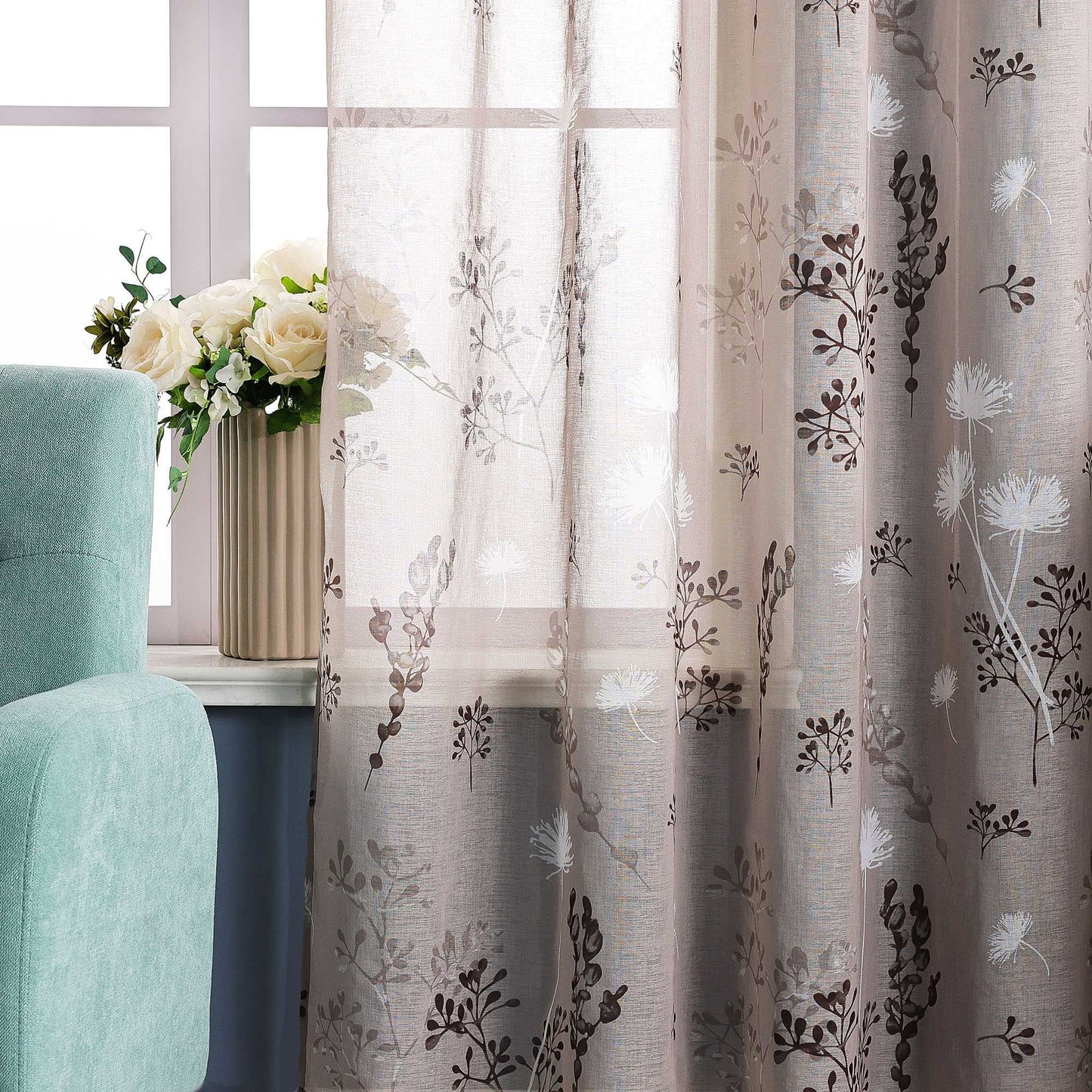 Vorhang mit Schlaufen modern Voile Gardine mit botanischen Mustern Vorhänge Transparent Schlafzimmer Wohnzimmer 1 Stück - Joyswahl