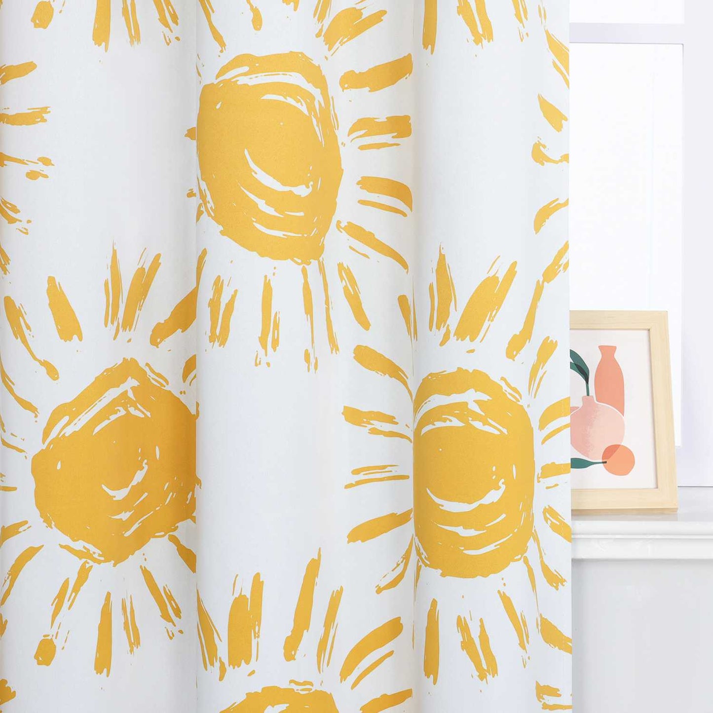 Verdunkelungsvorhänge Ösenschal Blickdichte Gardinen Thermovorhang Vorhang mit Sonnenmotiven für Schlafzimmer Wohnzimmer Gelb 1 Stück - Joyswahl