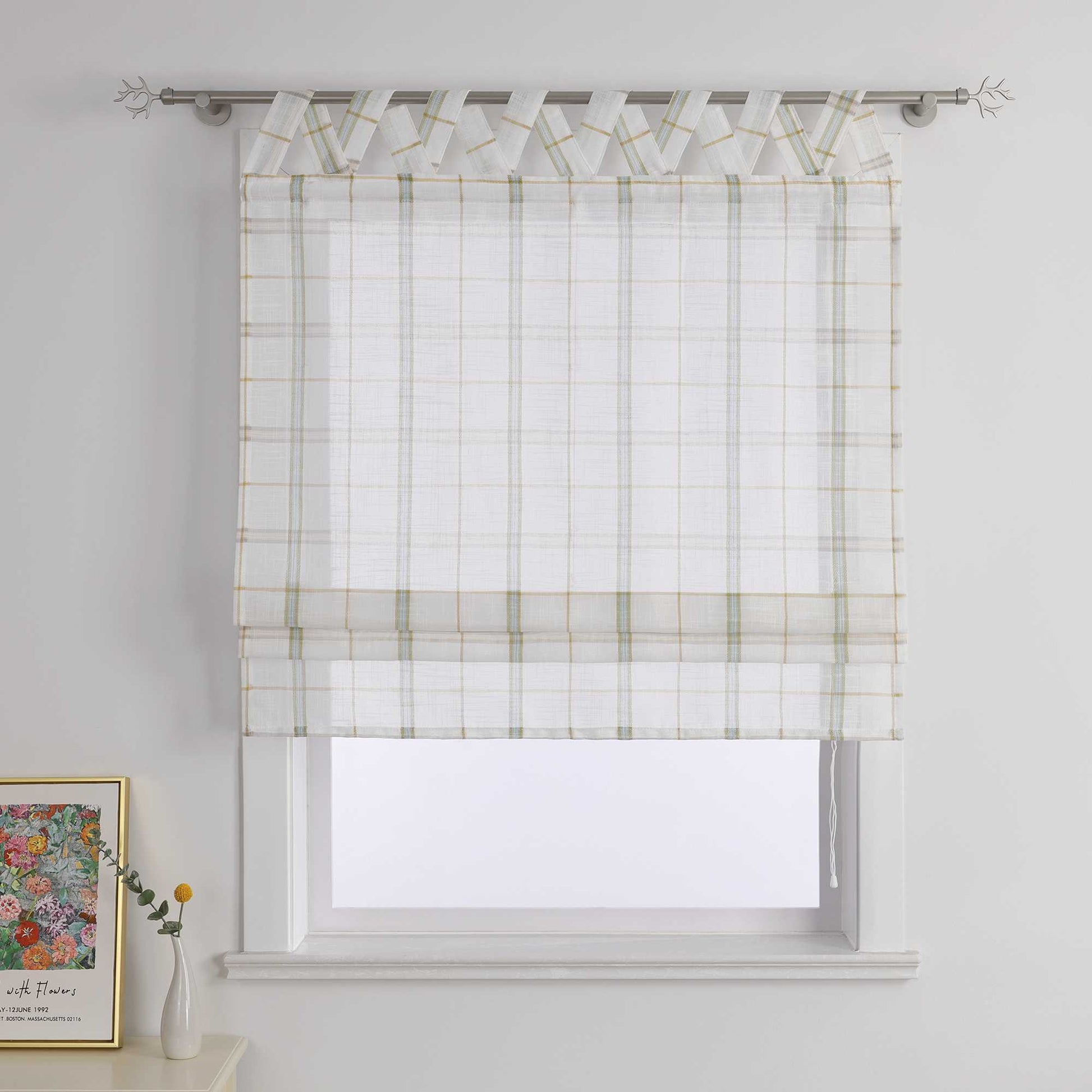 Raffrollo mit V-Schlaufen aus Leinen im Karomuster - Joyswahl