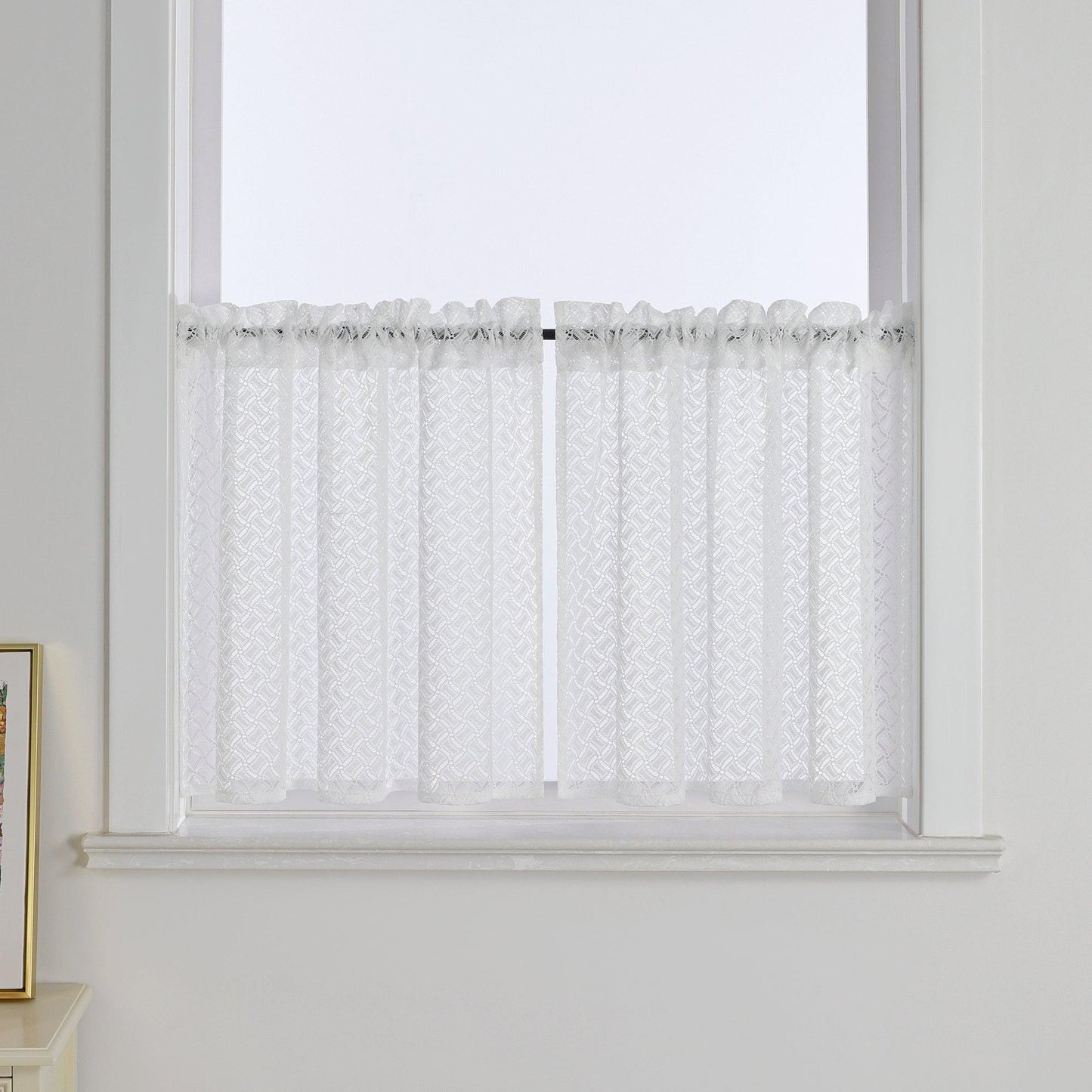 2er Set Scheibengardinen Jacquard Bistrogardine durch Tunnelzug Kurzgardinen Halbtransparent Weiß - Joyswahl