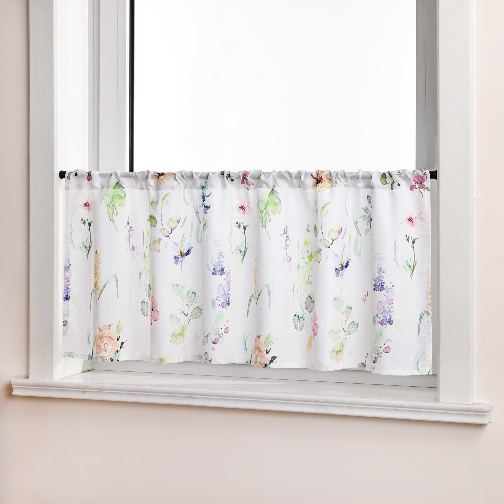 Scheibengardine Kurz mit buntem Blumenmuster durch Tunnelzug Halbtransparent