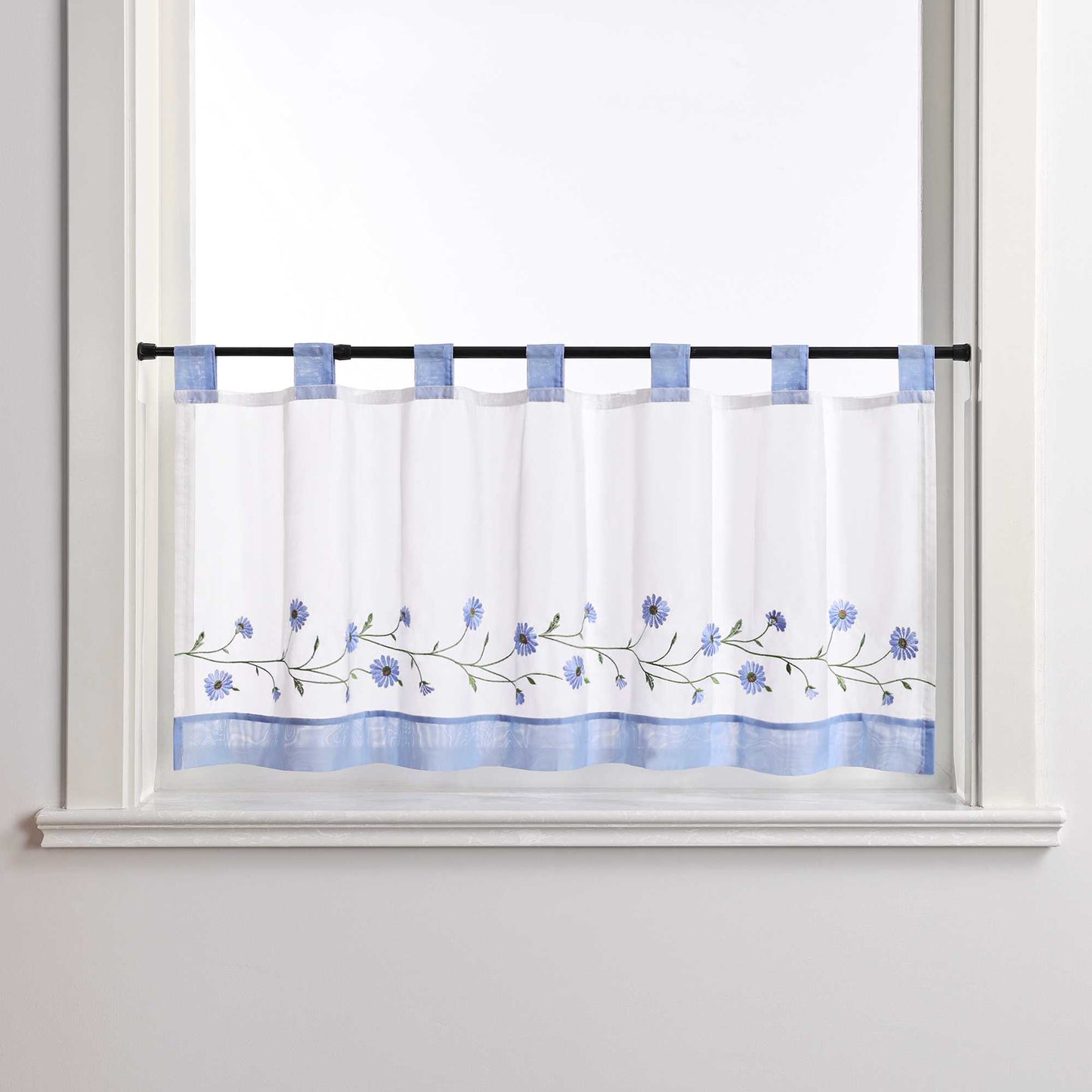 Scheibengardinen Bistrogardine Schlaufen Küche Gardinen Landhausstil Transparent Kurzstores mit kleiner Gänseblümchen-Stickerei - Joyswahl
