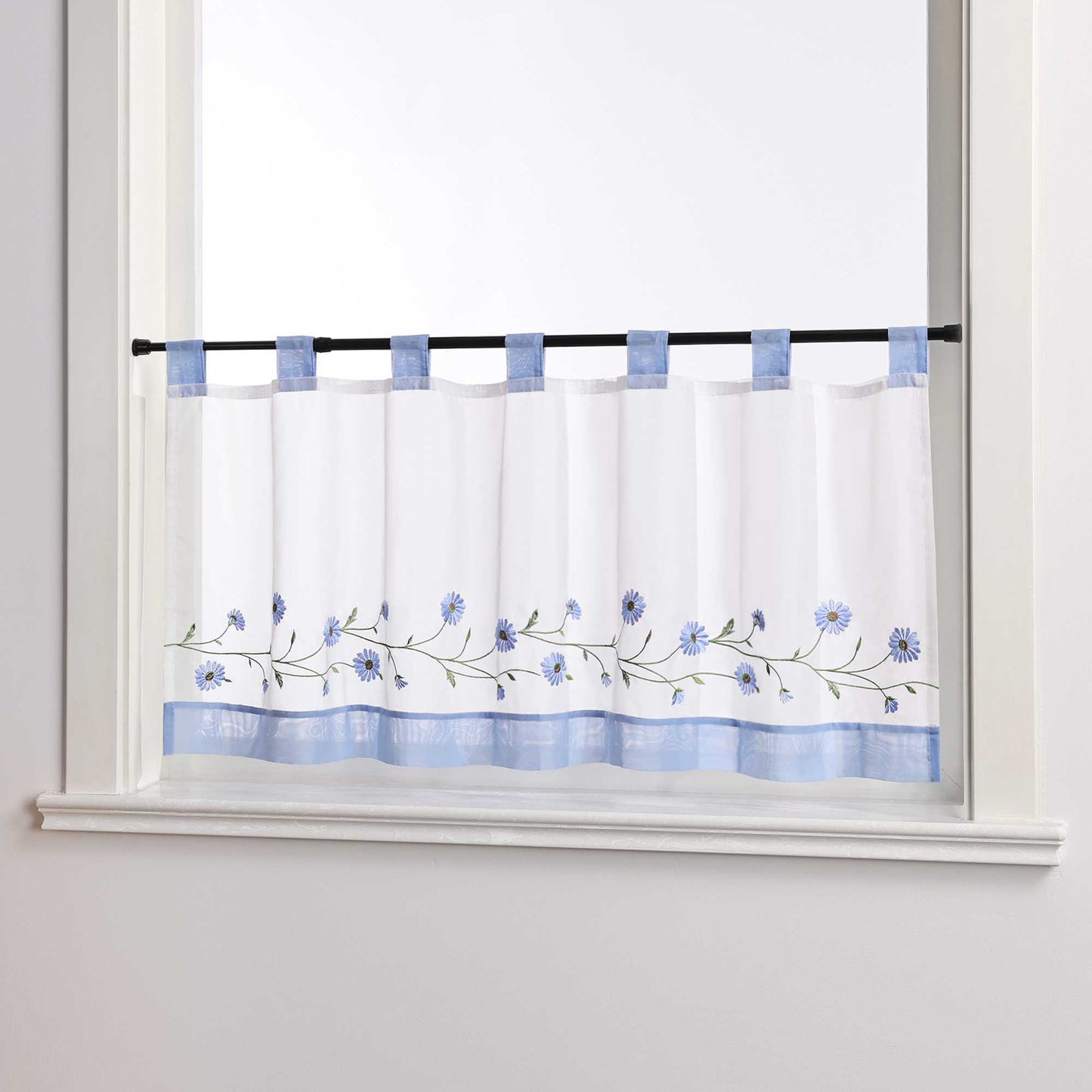 Scheibengardinen Bistrogardine Schlaufen Küche Gardinen Landhausstil Transparent Kurzstores mit kleiner Gänseblümchen-Stickerei - Joyswahl