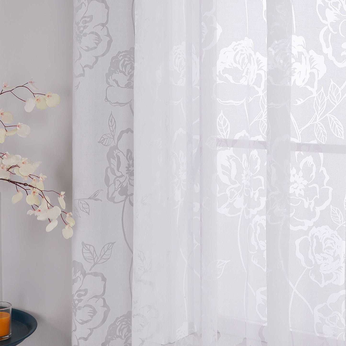 Vorhang mit Kräuselband Voile Gardine Ausbrenner mit Rosenmuster Fensterschal Transparent Weiß 1 Stück - Joyswahl