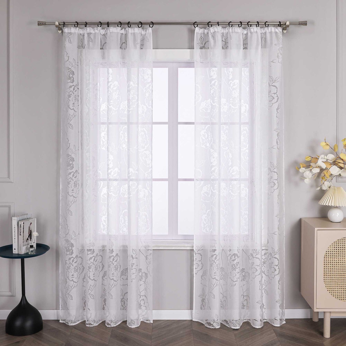 Vorhang mit Kräuselband Voile Gardine Ausbrenner mit Rosenmuster Fensterschal Transparent Weiß 1 Stück - Joyswahl