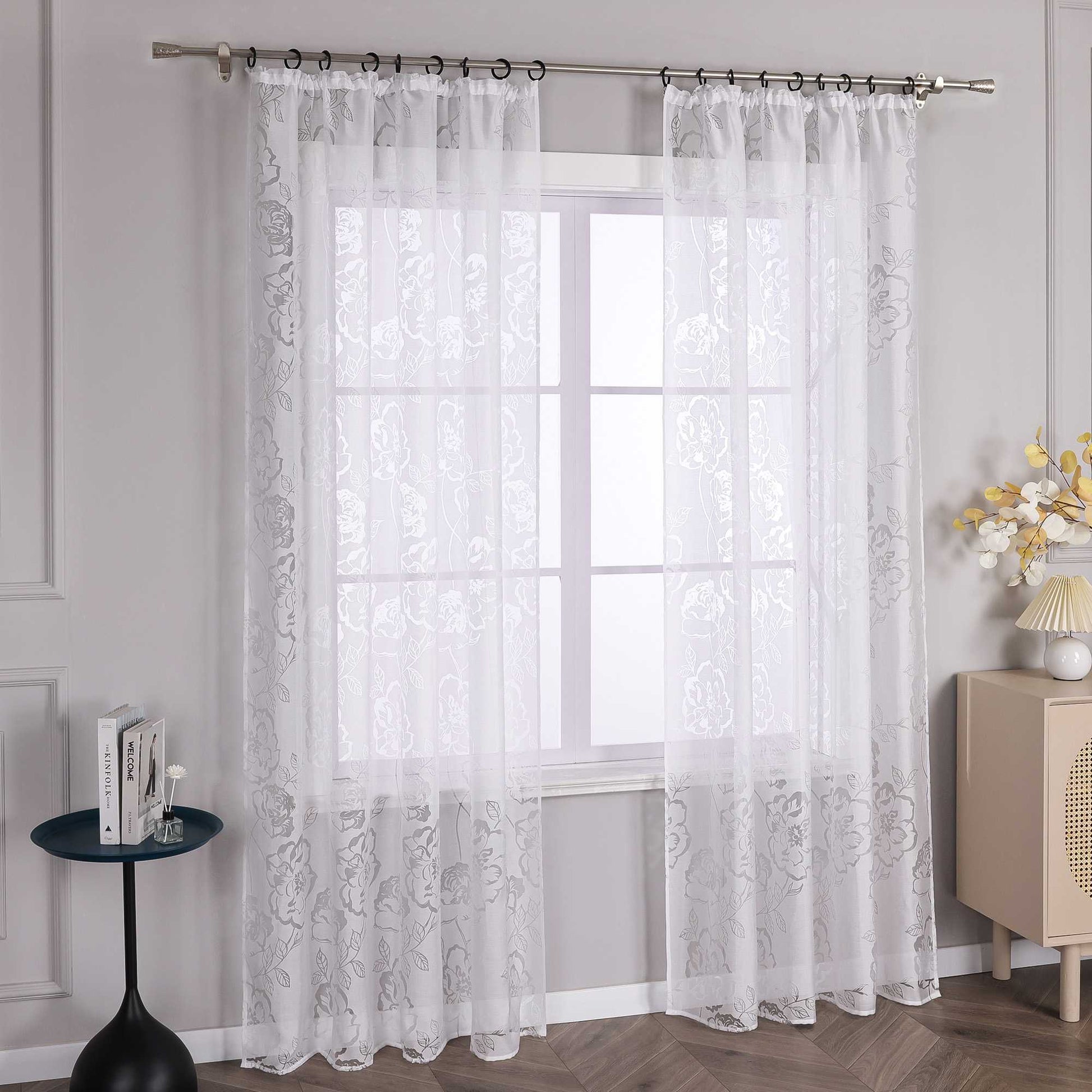 Vorhang mit Kräuselband Voile Gardine Ausbrenner mit Rosenmuster Fensterschal Transparent Weiß 1 Stück - Joyswahl