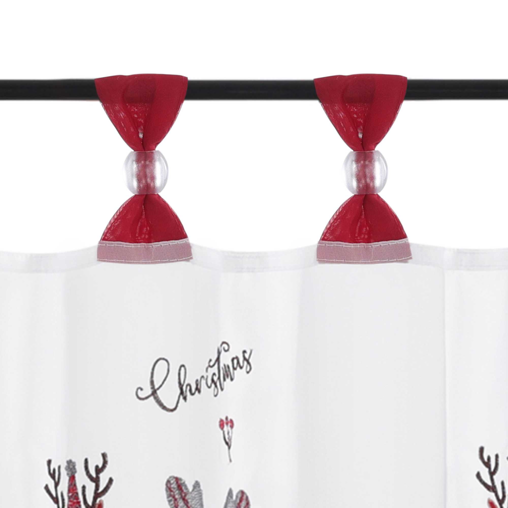 Scheibengardine Weihnachten Transparent mit rotem Rand und Weihnachts Stickerei