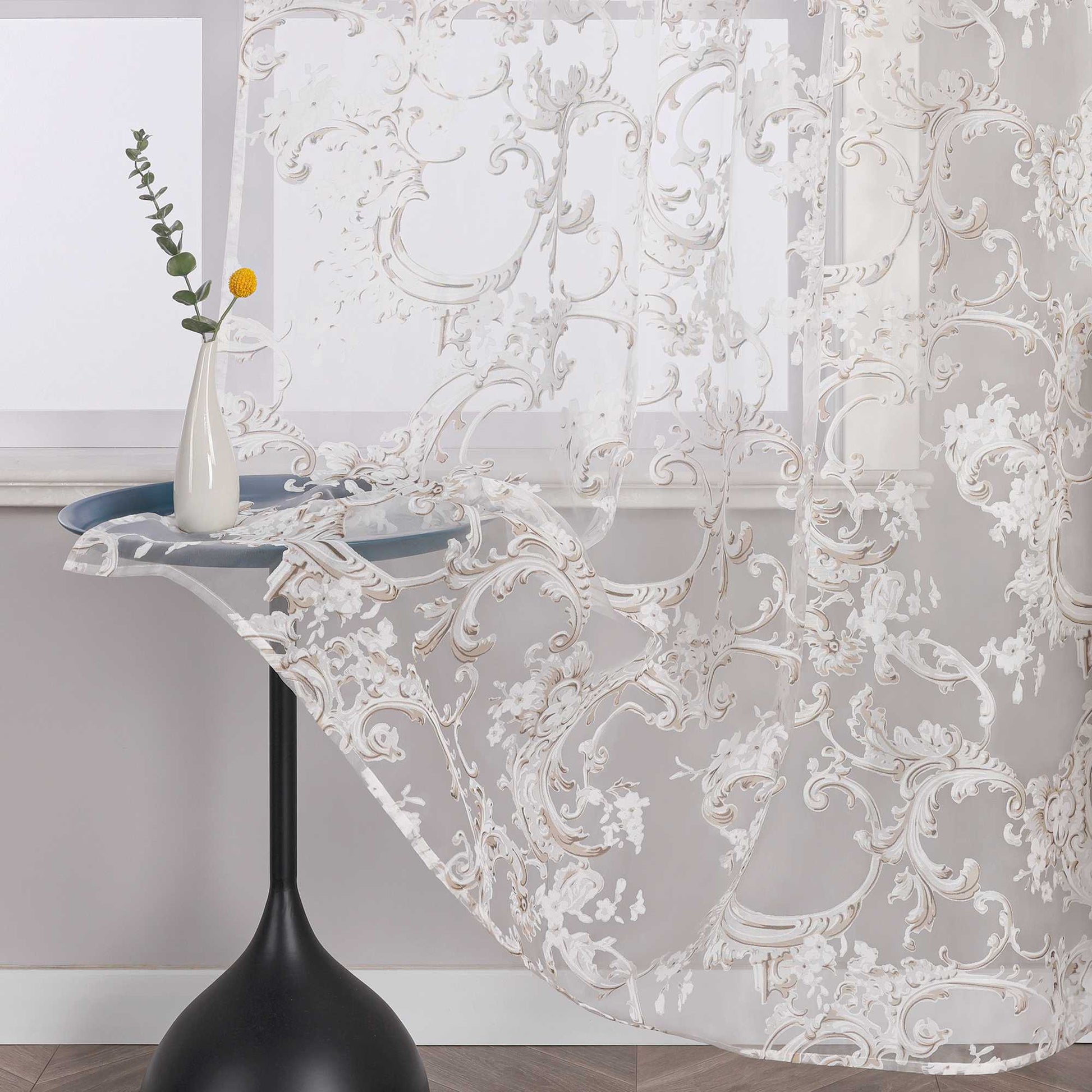 Eleganter Ösenschal mit Phönixblütenmuster | Transparente Voile Gardine für Schlafzimmer und Wohnzimmer - Joyswahl