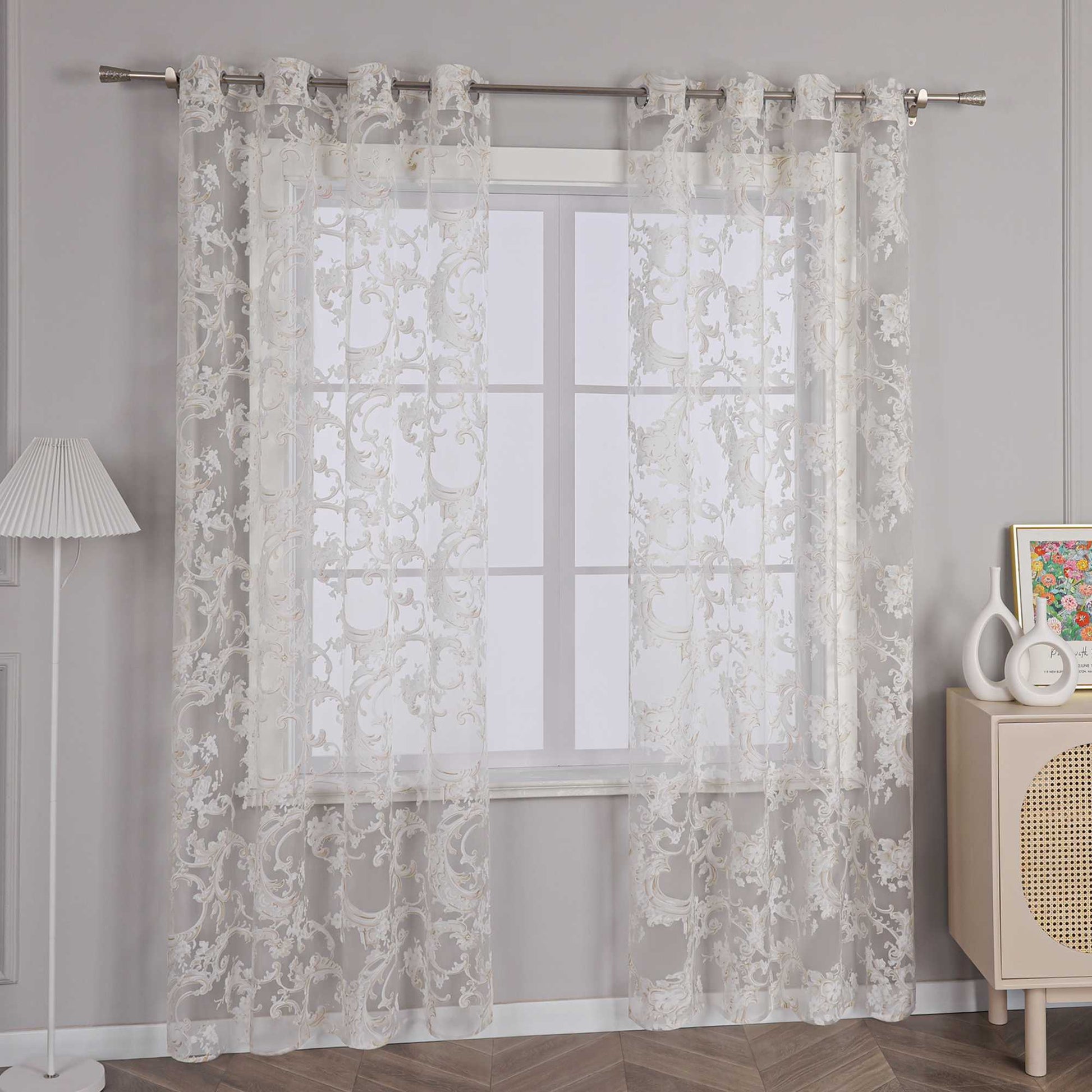 Eleganter Ösenschal mit Phönixblütenmuster | Transparente Voile Gardine für Schlafzimmer und Wohnzimmer - Joyswahl