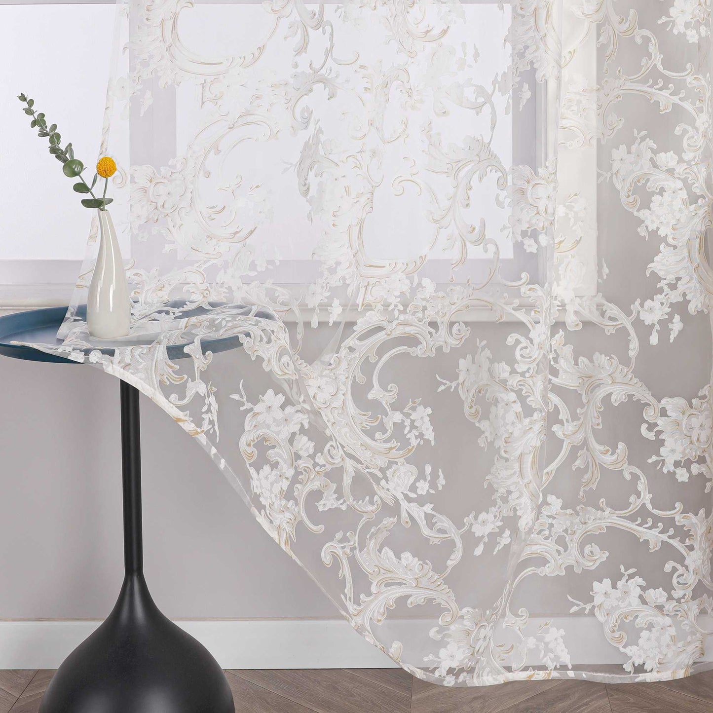Eleganter Ösenschal mit Phönixblütenmuster | Transparente Voile Gardine für Schlafzimmer und Wohnzimmer - Joyswahl