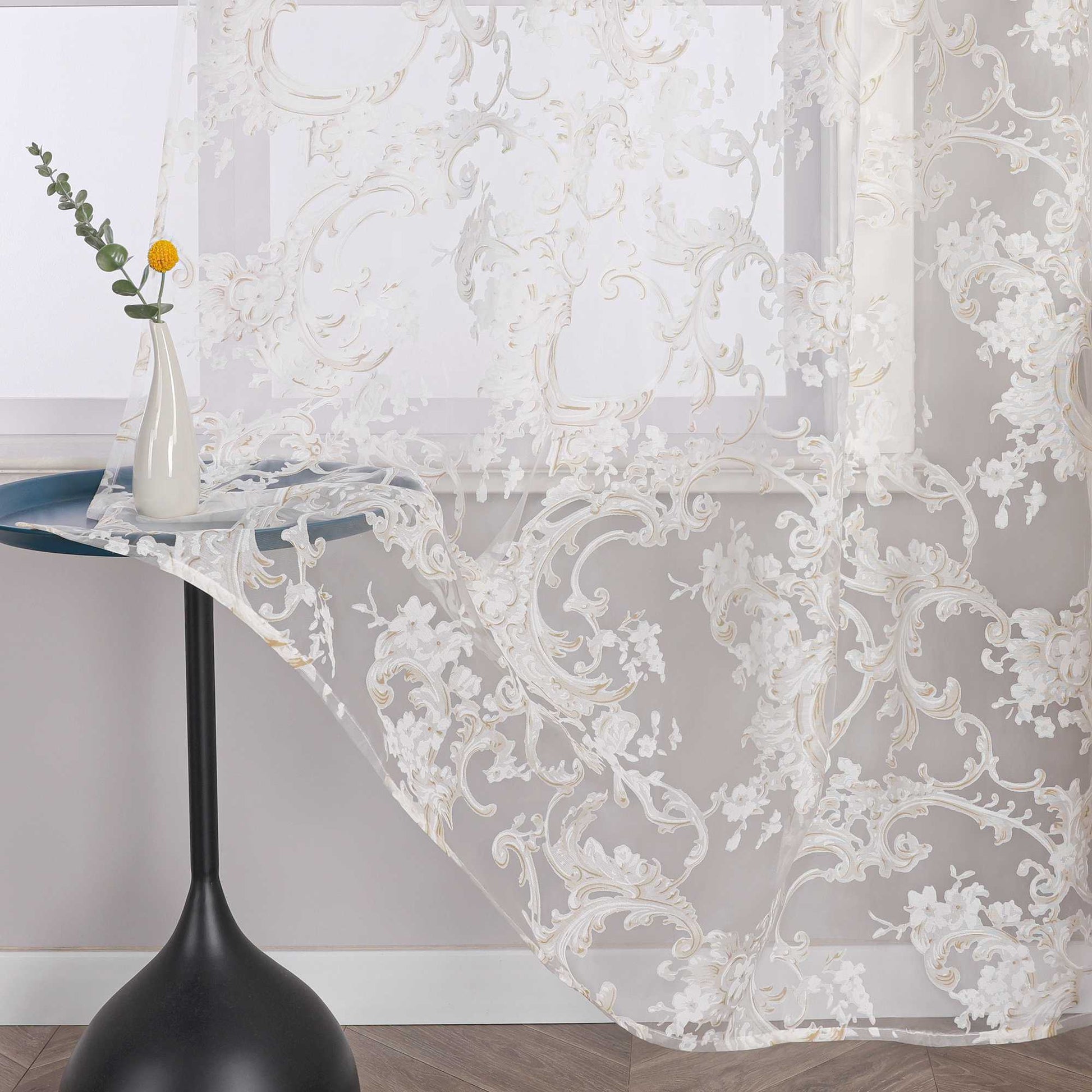 Eleganter Ösenschal mit Phönixblütenmuster | Transparente Voile Gardine für Schlafzimmer und Wohnzimmer - Joyswahl