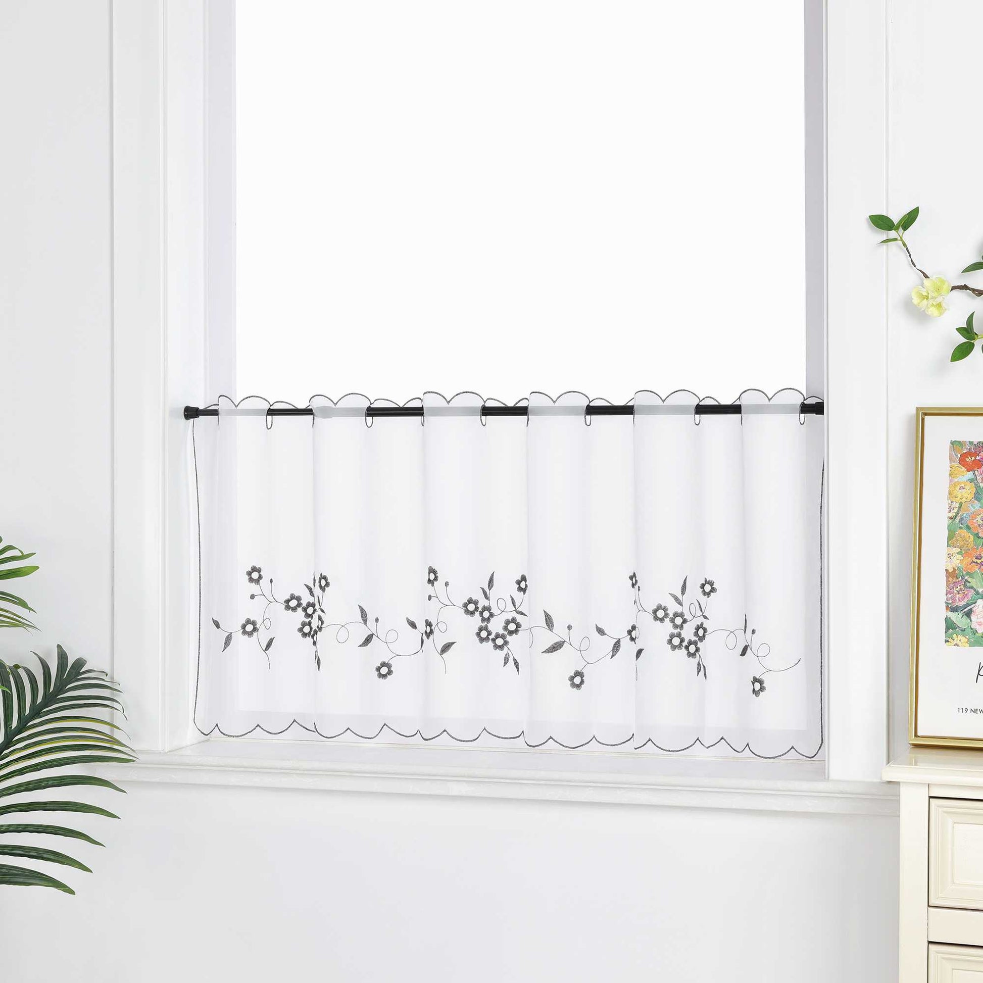 Farbige Stickerei Voile Scheibengardine Transparenter Café Vorhang Kurzstore mit Blüten-Stickerei - Joyswahl