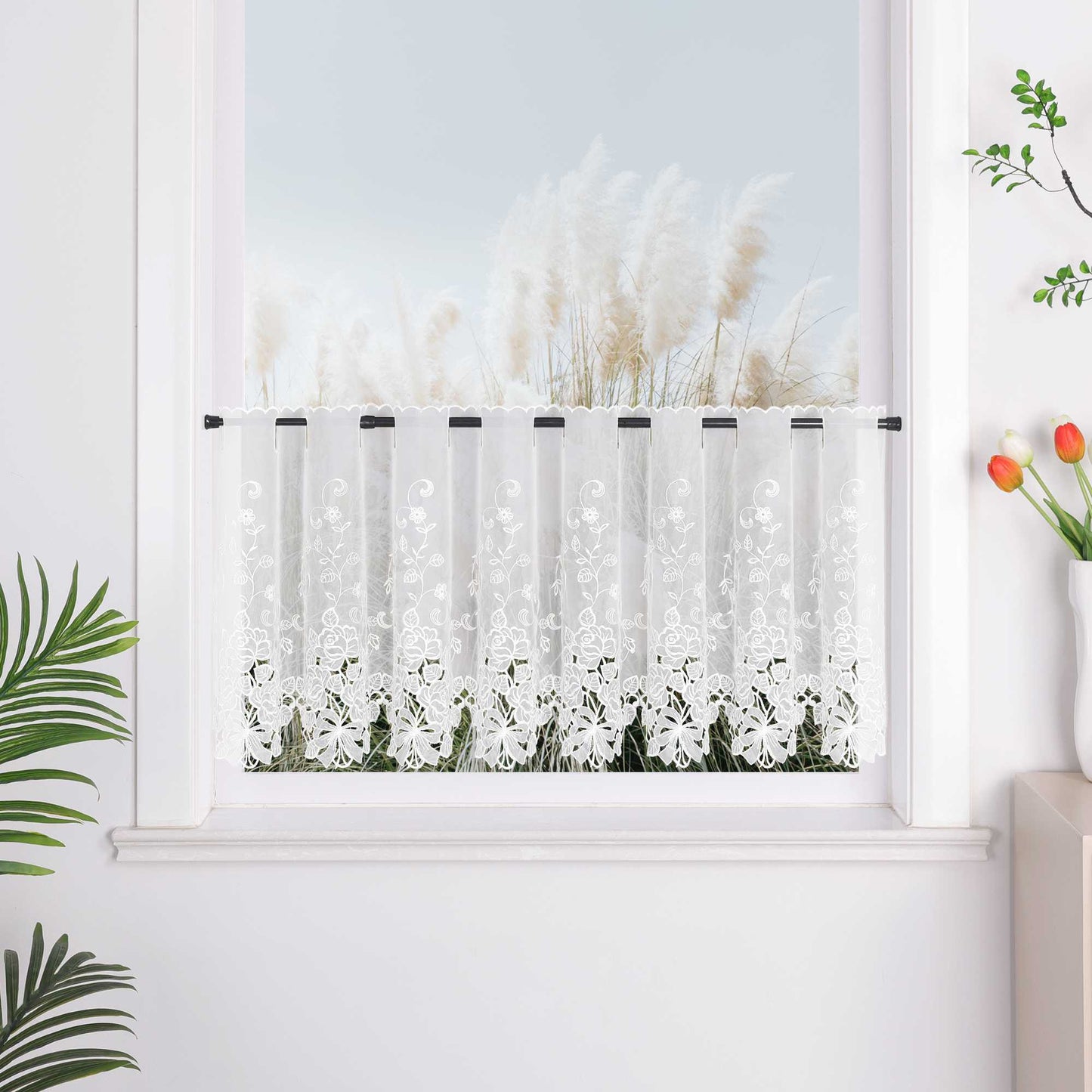 Delien Romantischer Spitzenvorhang mit filigranen Blumendesigns und Stangendurchzug - Joyswahl
