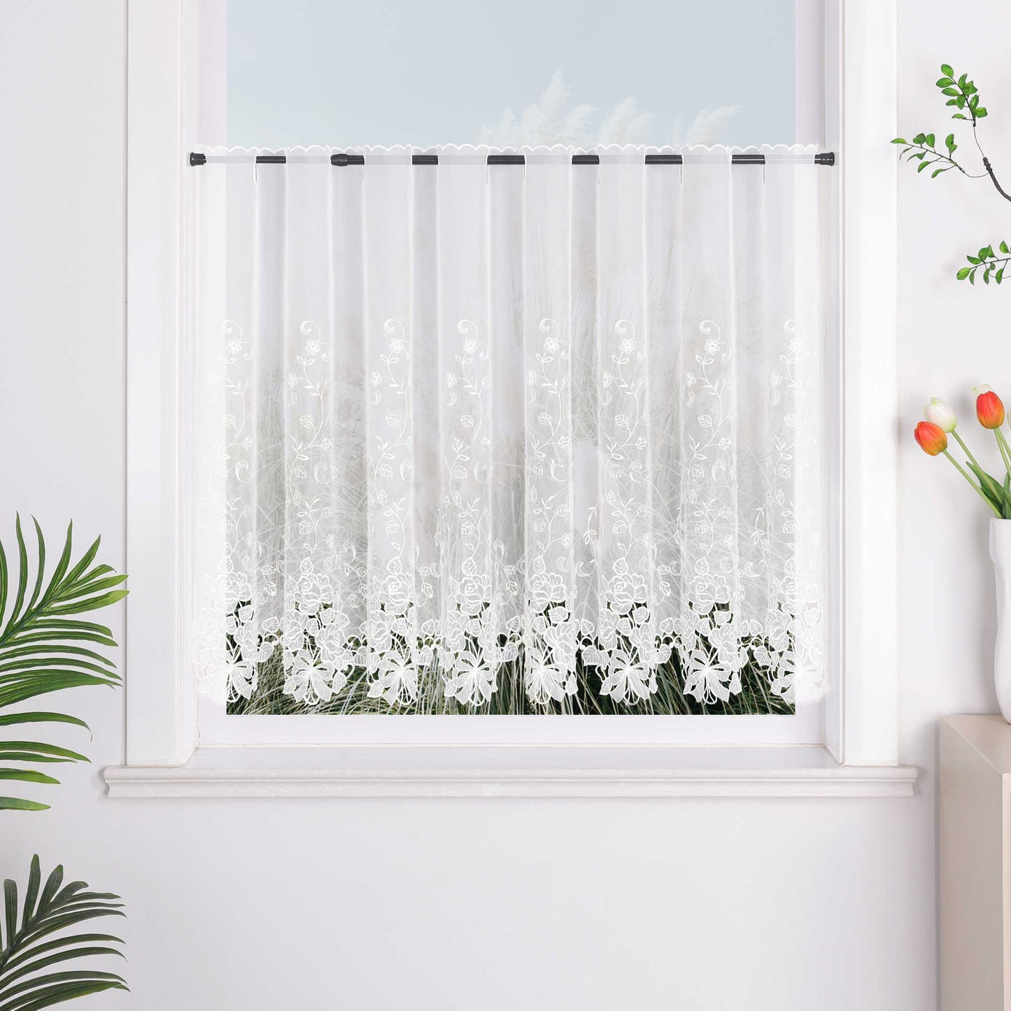 Delien Romantischer Spitzenvorhang mit filigranen Blumendesigns und Stangendurchzug - Joyswahl