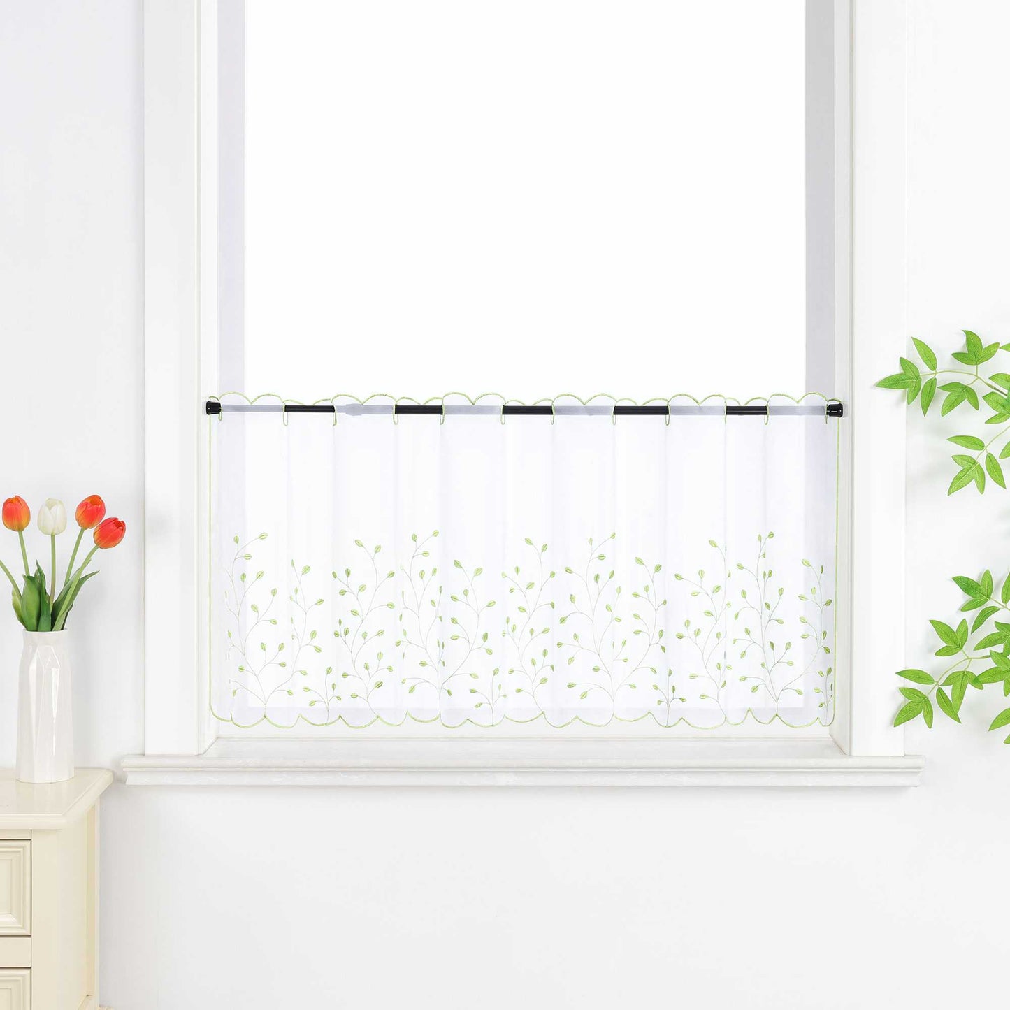 Scheibengardine mit Blumenstickerei Modern Voile Bistrogardine mit Lochleiste Unifarbige Kurzstores Landhausstil Transparent 1 Stück - Joyswahl