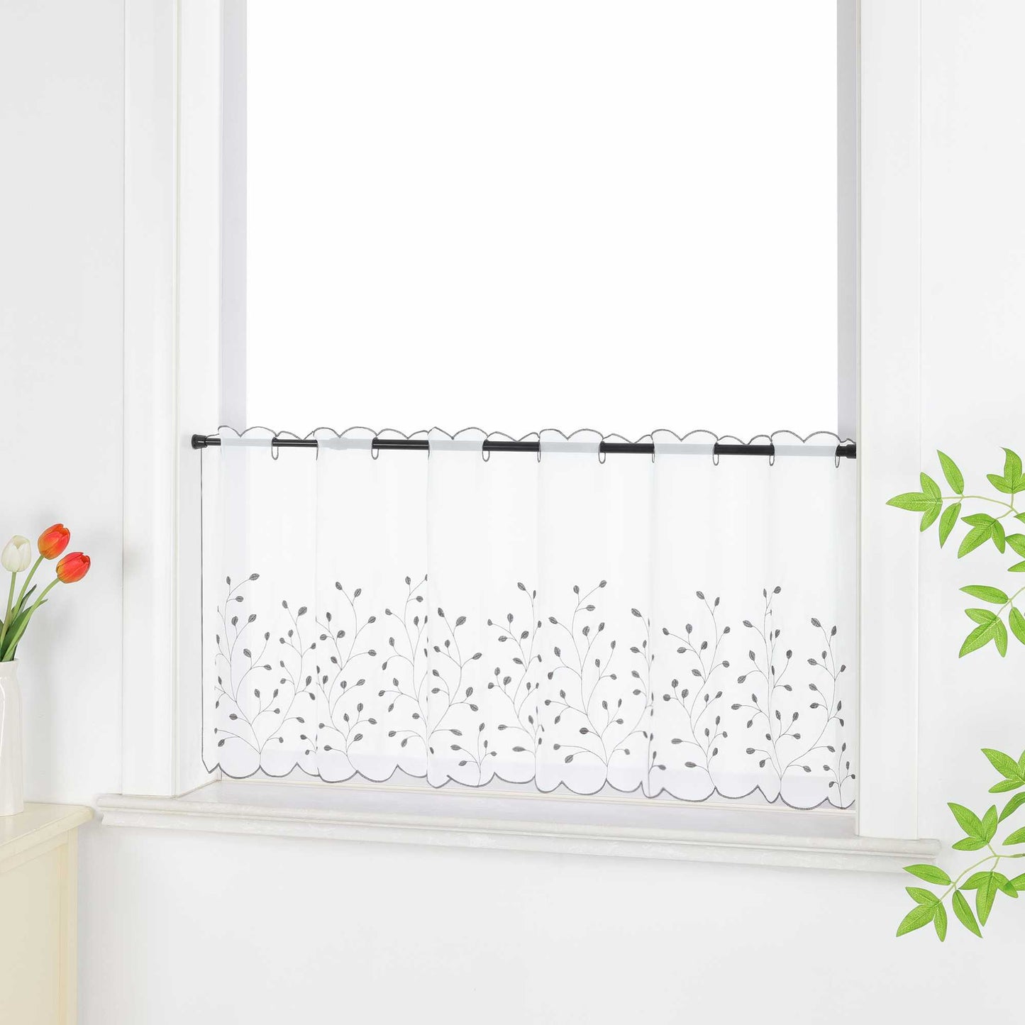 Scheibengardine mit Blumenstickerei Modern Voile Bistrogardine mit Lochleiste Unifarbige Kurzstores Landhausstil Transparent 1 Stück - Joyswahl