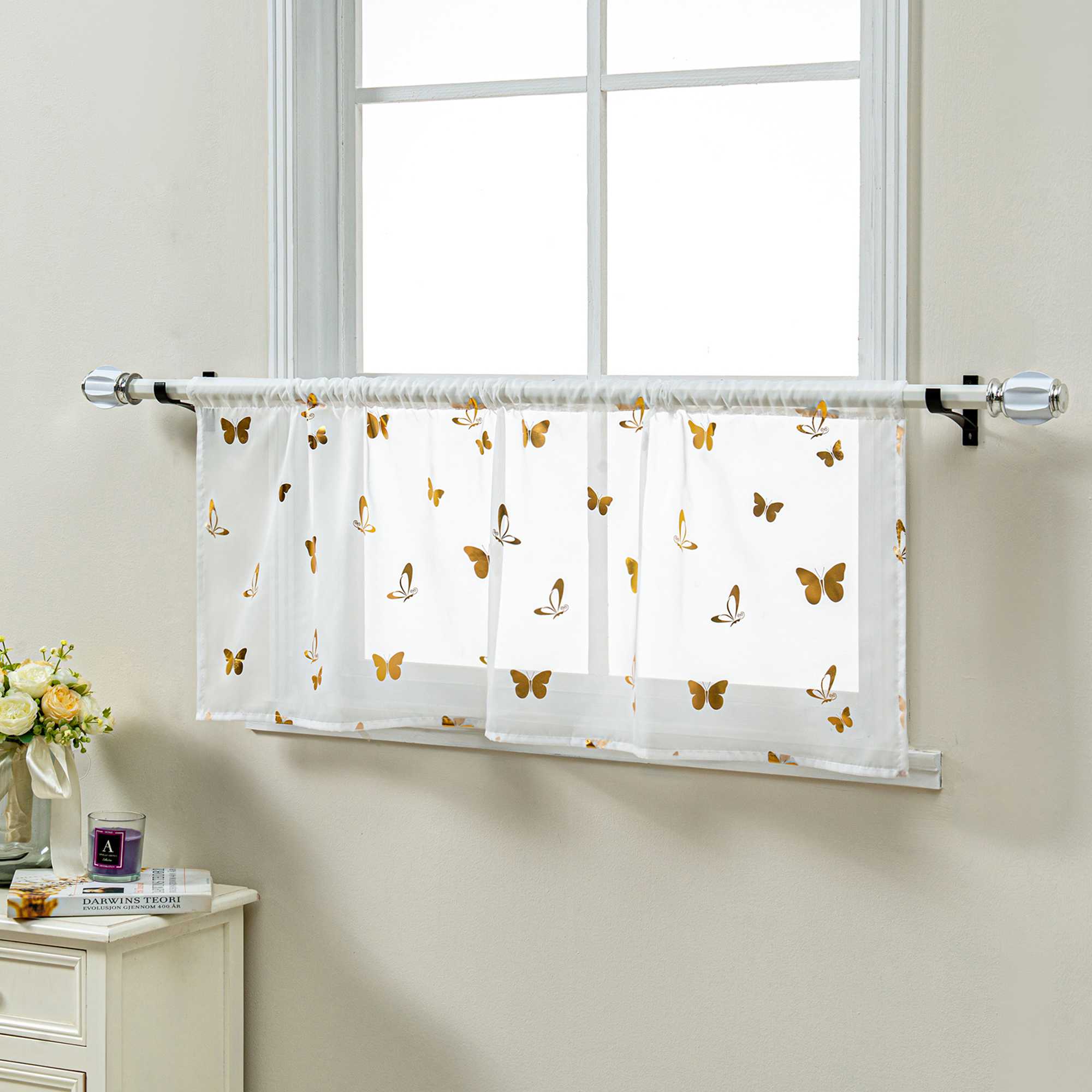 Scheibengardine mit Schmetterling Glanzdruck modern, kurz