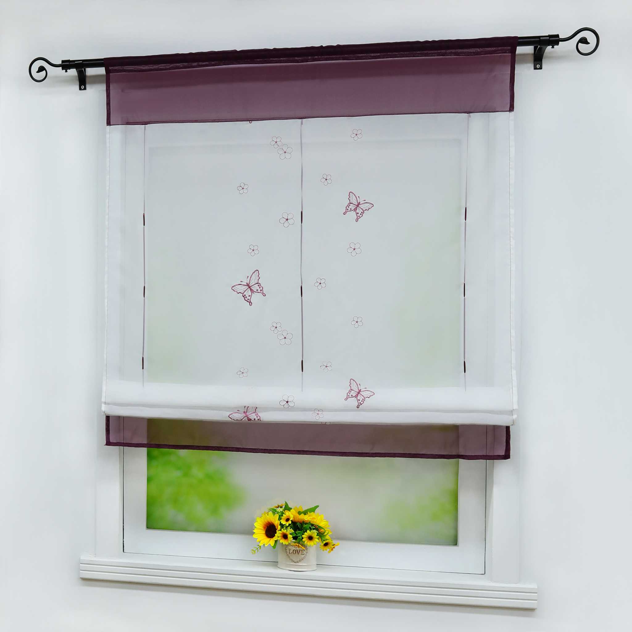 Rollo durch Tunnelzug Voile Küchengardinen modern Raffgardinen mit Stickerei Transparent 1 Stück